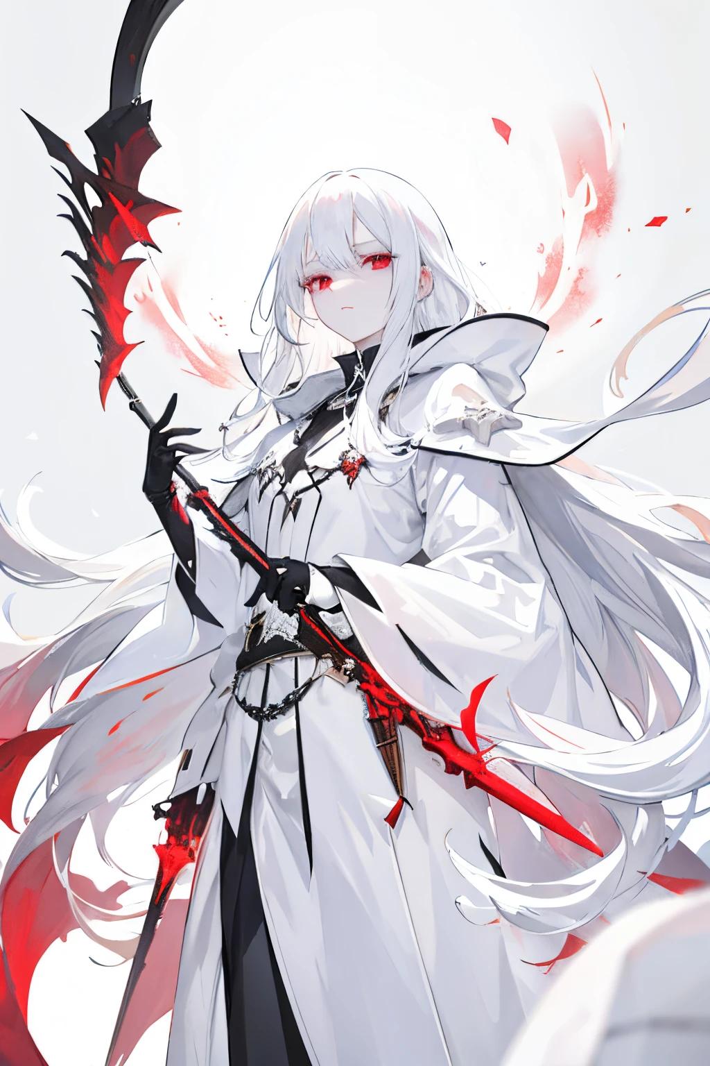 White hair, Fair skin, Albino women,  Long hair, White clothes, coat, spear, Sign of holding a weapon with one hand, expressionless red eyes