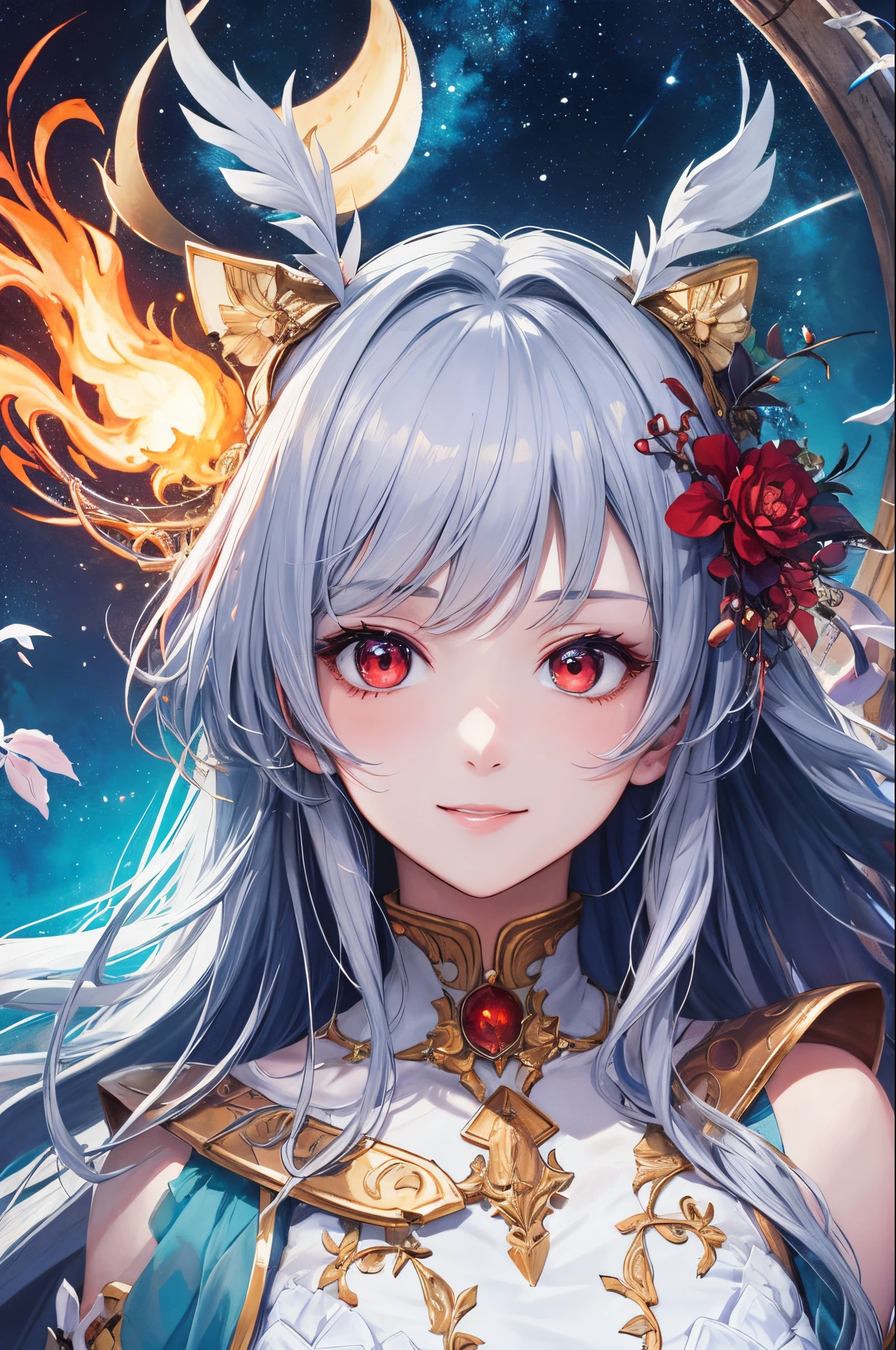 ultra-detailliert、anime illustrated、2D Beautiful Girl、top-quality、Top image quality、masterpiece、超A high resolution、android beautiful girl、sixteen years old, glowing red cyber suit,Silvery long-haired、Red eyes、A slender、The face is depicted in detail、The eyes are very detailed、The clothes are also depicted in detail、hiquality、Beautiful Art、Fantastic Universe、Elaborate design、soio、kindly smile、Goddess of Fire、animesque、illustratio、Full body front