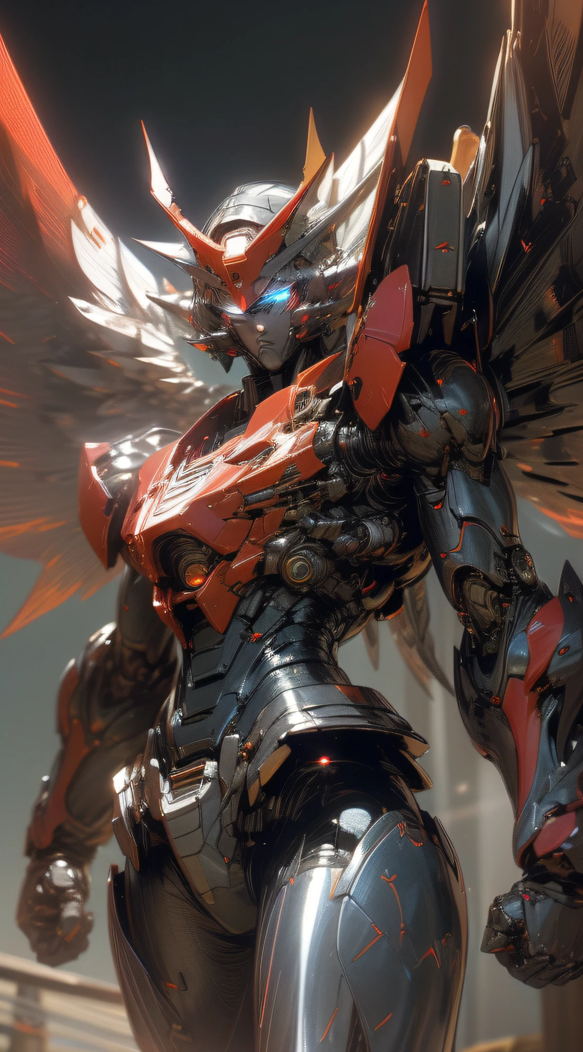 top-quality、Top image quality、​masterpiece、hiquality、Beautiful Art、masutepiece、visualart、depth of fields、Giant Mecha((Black and red body、left arm machine gun、Right Arm Laser Sword、Glowing chest、mechanical silver wings、blue eyess、spiny feet)),Background with((Lunar base),monitor screen perspective