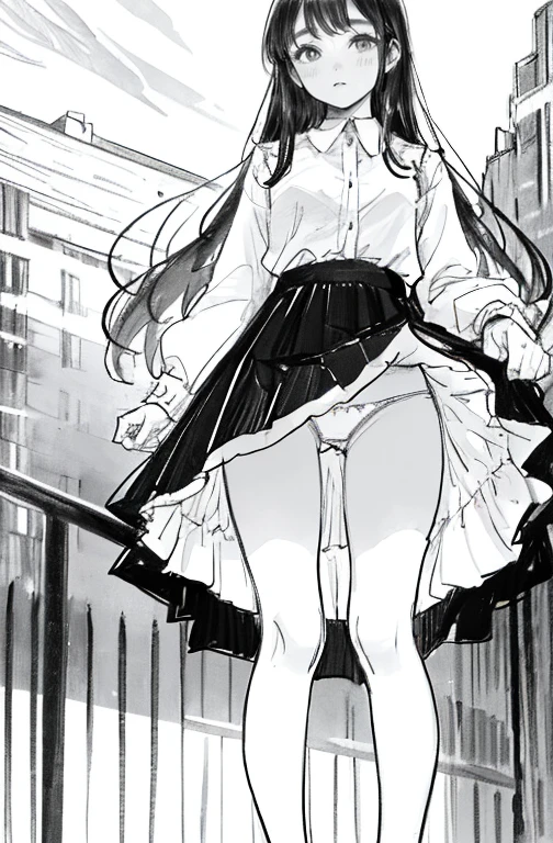 1girl in,line-drawing,monochromes,sketch,Pencil drawing,Traditional Media,1girl in, black skirt fence, long hair shirt, long-sleeve, Skirt, Solo、Standing、Cute age woman, ,Beautiful portrait、Delicate body、full body Esbian、Looked、Delicate body、View from below, I can see my panties, medium breasts, ((Very detailed)), (Perfectly detailed face), (Highly detailed hands), White panty,up skirt,Lace panties,Not looking at the camera,Thin panties, Sheer are visible,Embarrassed look,