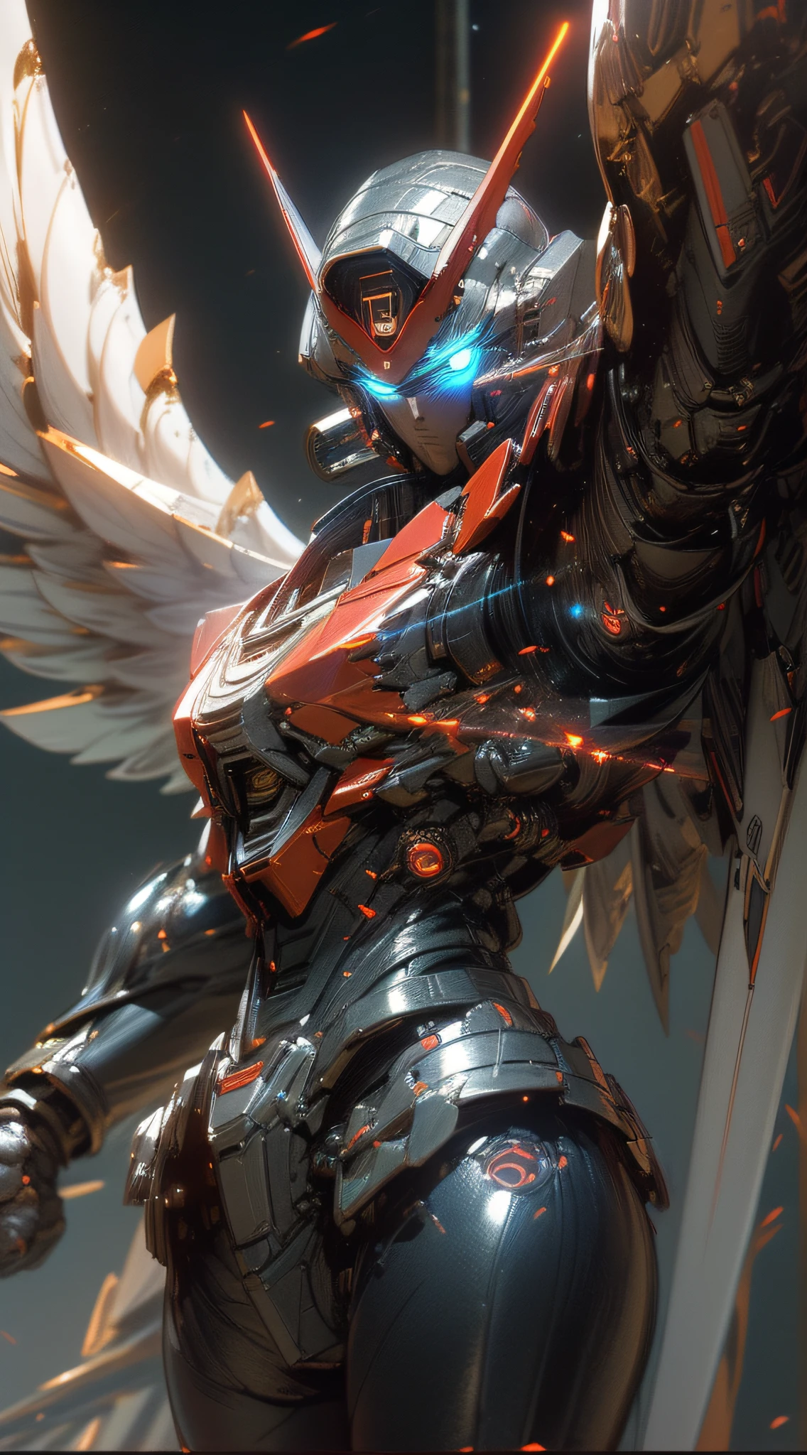 top-quality、Top image quality、masterpiece、hiquality、Beautiful Art、masutepiece、visualart、depth of fields、Giant Mecha((Black and red body、left arm machine gun、Right Arm Laser Sword、Glowing chest、mechanical silver wings、blue eyess、spiny feet)),Background with((Lunar base),monitor screen perspective