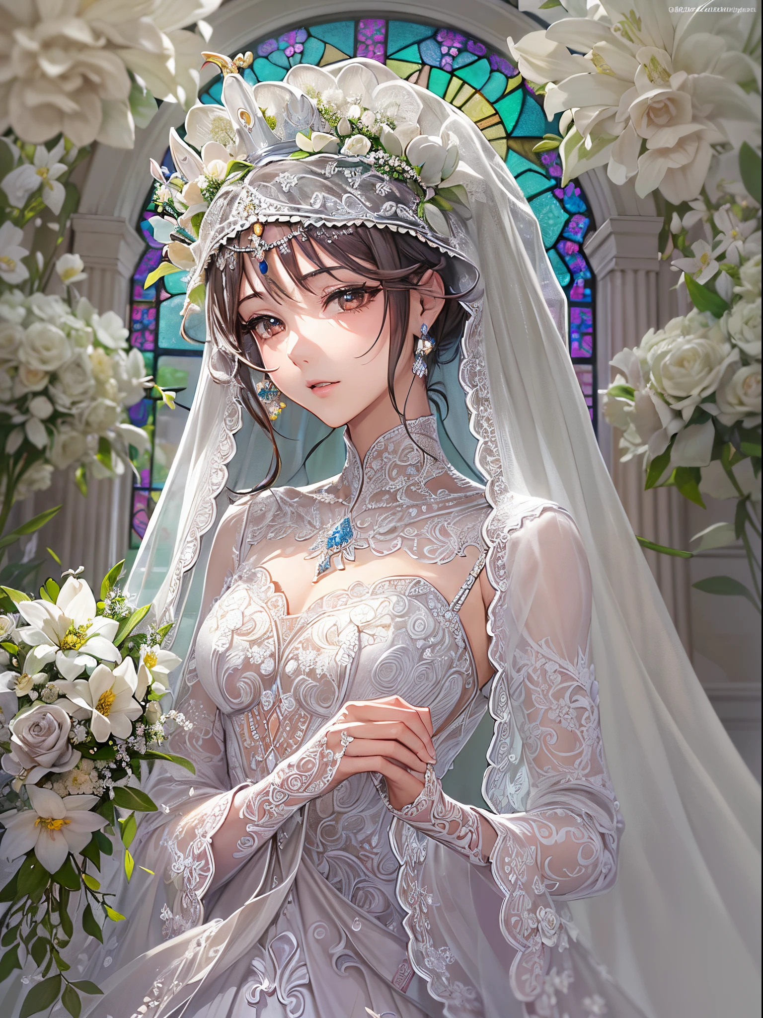 ((Finest quality)),(超A high resolution),(ultra-detailliert),(Meticulous portrayal),((Best Anime)),(Finest works of art),Ultra-Precision Art,The art of astounding depiction,intricate fantasy art:1.5, (1人の女性:1.5),,((bride:1.5)),((beautiful crown of flowers:1.5)),(Pure White Wedding Dresses),((veils:1.5)),Intricate and detailed lace, stain glass, Blessings of Angels:1.3