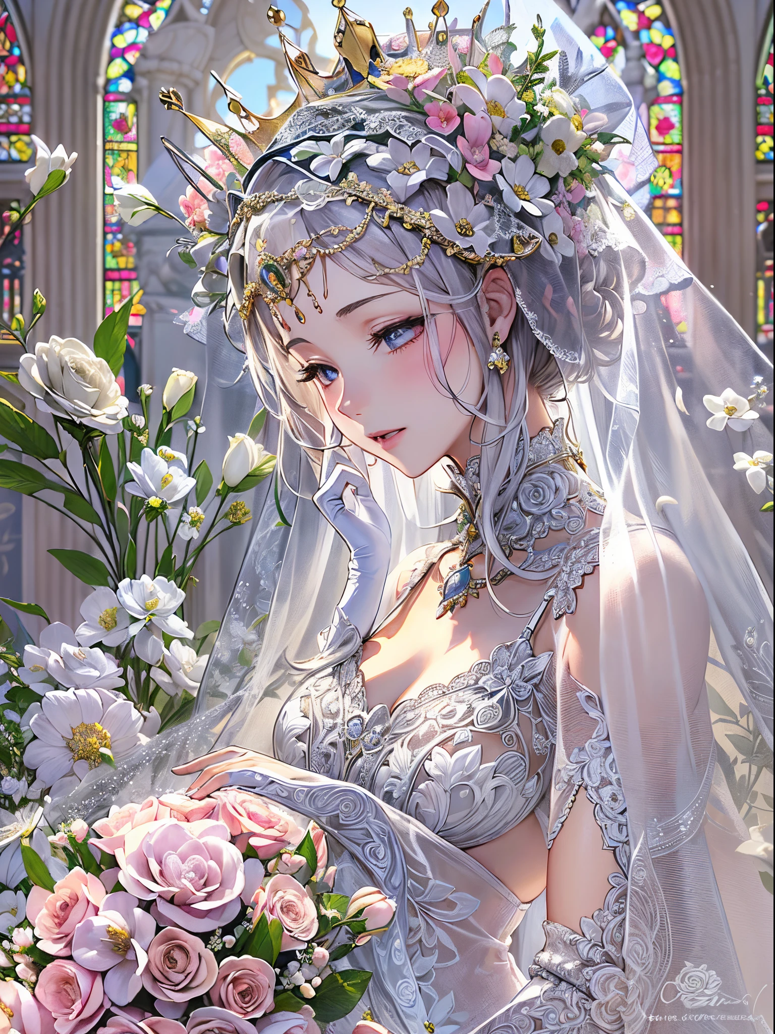 ((Finest quality)),(超A high resolution),(ultra-detailliert),(Meticulous portrayal),((Best Anime)),(Finest works of art),Ultra-Precision Art,The art of astounding depiction,intricate fantasy art:1.5, (1人の女性:1.5),,((bride:1.5)),((beautiful crown of flowers:1.5)),(Pure White Wedding Dresses),((veils:1.5)),Intricate and detailed lace, stain glass, Blessings of Angels:1.3