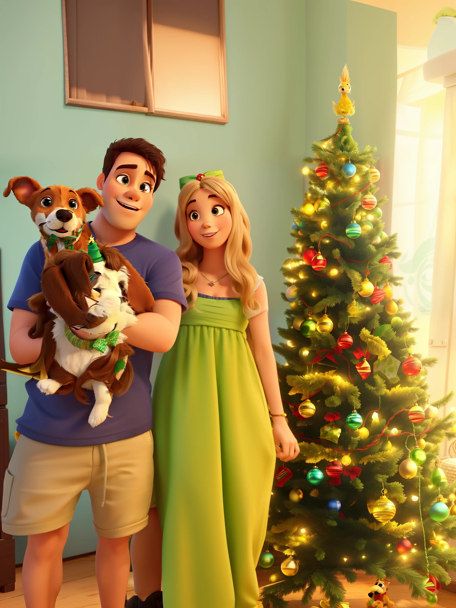 casal e cachorro vira lata  no estilo pixar , alta qualidade. Christmas tree background on the right. Menina do cabelo marrom. Menino do cabelo preto e olhos verdes