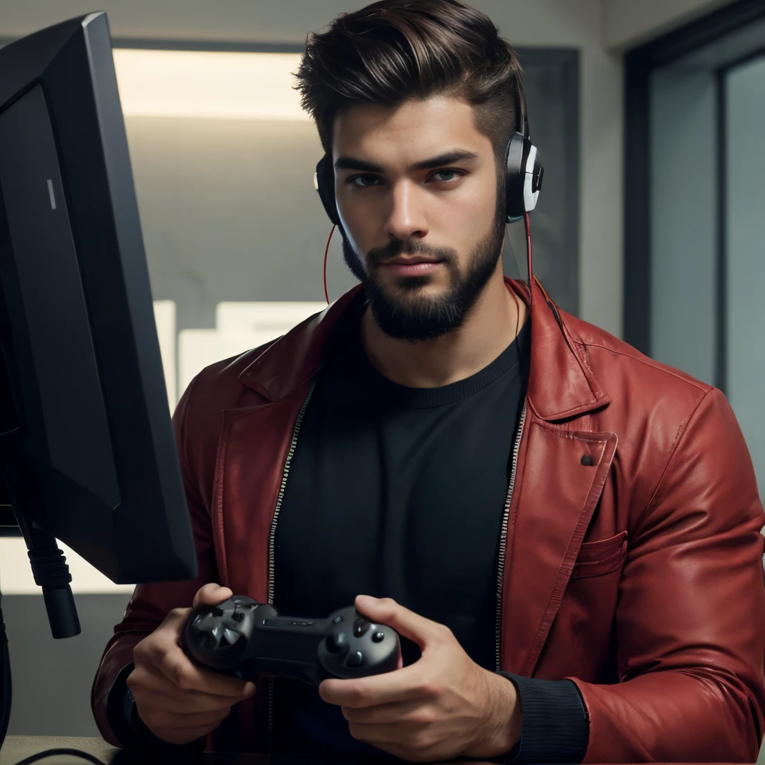 Best video Gamer, upper body, close camera look, handsome boy, holding video gaming controller in the hand , wear headphones over the neck, pose like a hero , smart looks , red jacket, High quality, good haircut, fare skin tone, nice background, boy look into the camera, change age, 21 years old boy