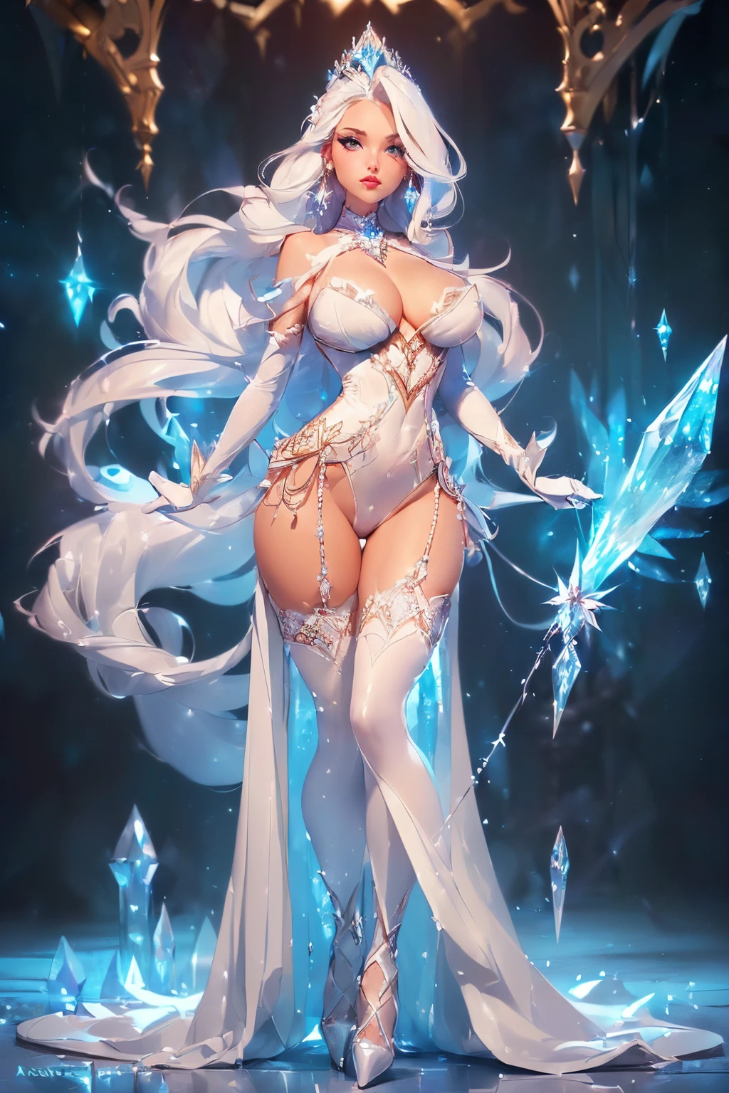 ((full body figure))((Ice throne))((sexy tall russian supermodel)) ((beautiful face)) (red lipstick) ((big bright light blue eyes)) ((very long straight platinum blonde hair)) ((pale skin)) ((very huge breast:1.5)) ((perfect body:1.3)) (((wears fantasy white ice corset, tiny string thong bottom with ice crystal ornaments))) (()) ((ice crown, choker, earrings, long white stocking, crystal high heels)) ((wield ice magic wand))((beauty supermodel, sexy posing inside photo studio for epic camera photoshoot, fantasy ice crystal pillar, frozen decoration, light of reflector over her))(high resolution, dynamic shadows)((photorealistic:1.5)) ((masterpiece:1.3)) (8k) (perfect face) ((best quality:1.4)) (perfect hands and eyes)