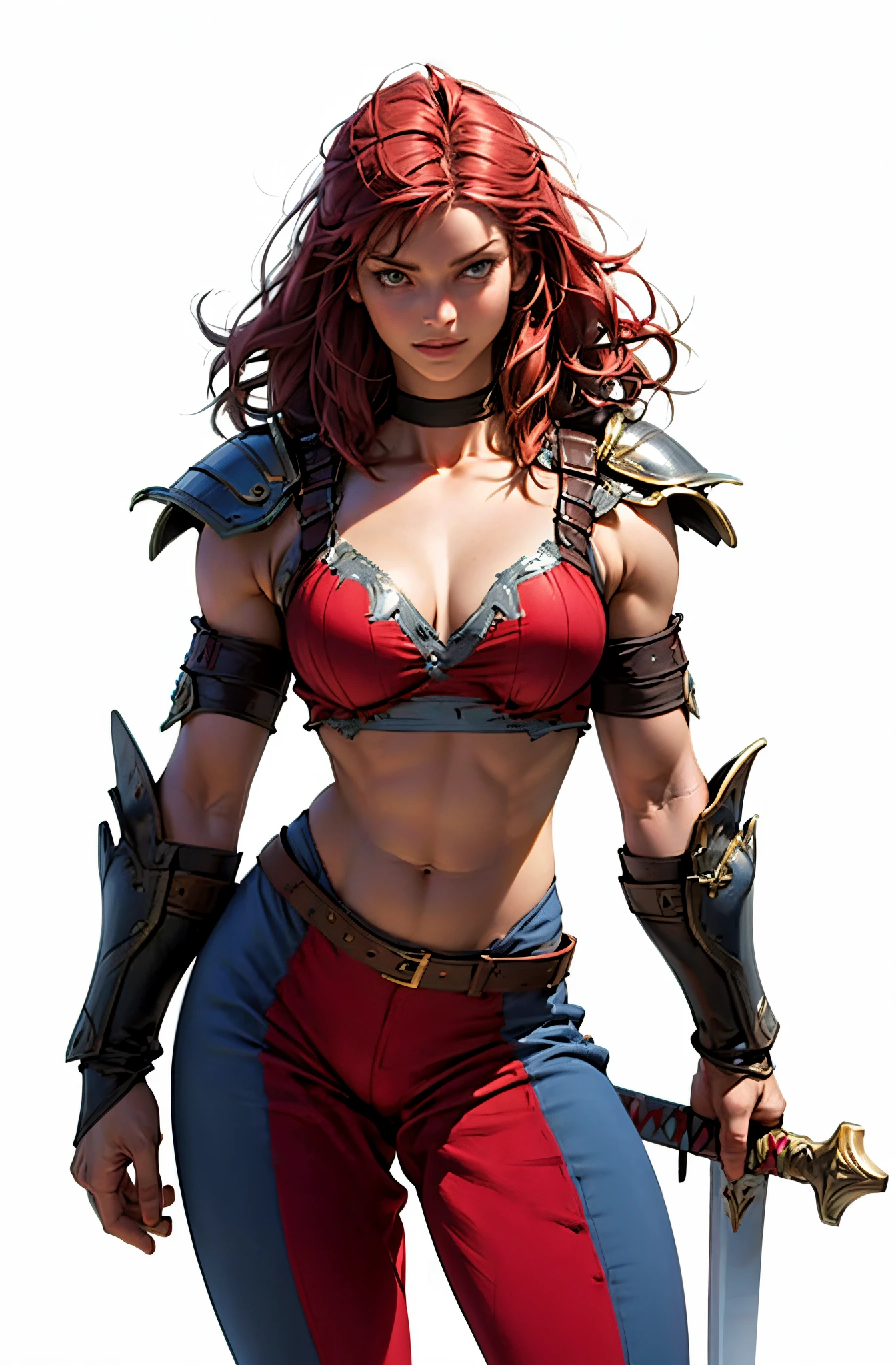 Art inspired by John Buscema’s stroke. 1girl enjinight, solo, red armor, sword, wide hips , barbarian_woman armor, armor, anime style, portrayed in a detailed and perfect manner.