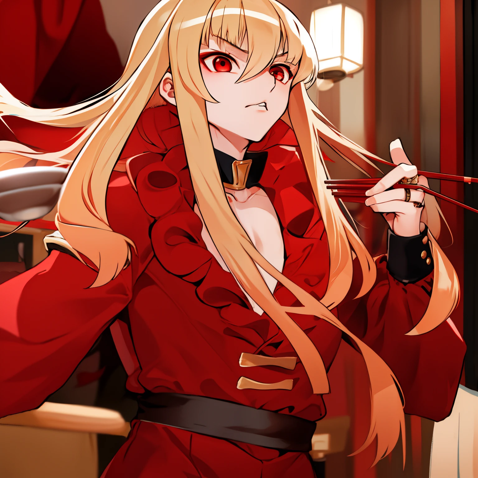 1boy, (************), (long hair:0.65), blonde hair, hime cut, long sleeves, red coat, pectoral cleavage, male focus, black pants, male focus, red eyes, ring, ramen,chopsticks,eating,