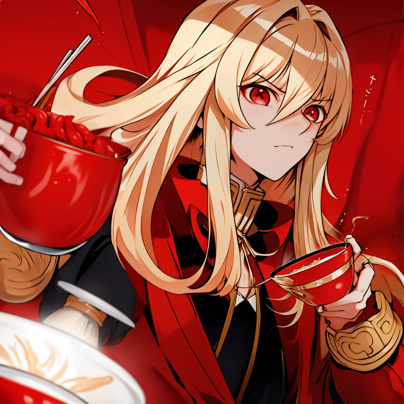 1boy, (************), (long hair:0.65), blonde hair, hime cut, long sleeves, red coat, pectoral cleavage, male focus, black pants, male focus, red eyes, ring, ramen,chopsticks,eating,