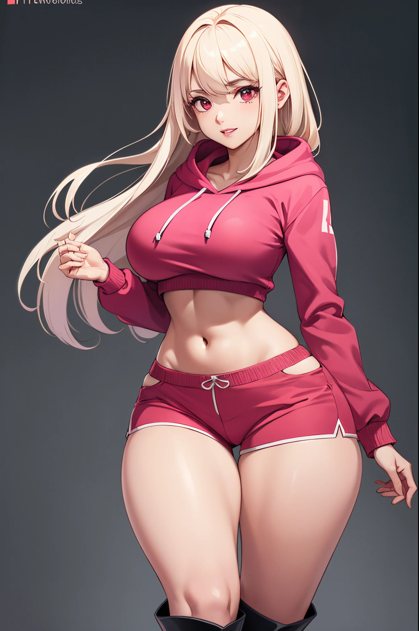 (Best Quality,Unparalleled Masterpiece:1.4),Ultra-Detailed CG 4K, is a 20-year-old college student. Beautiful face + Very large soft ??????? + Slender waist + Wide ???? + Slightly flabby stomach +thick/soft soft thighs + Large soft ??? + Luscious lips. She has long straight platinum blonde hair and red eyes 
Outfit: Pink hoodie:1.2 + Pink shorts + Black Boots