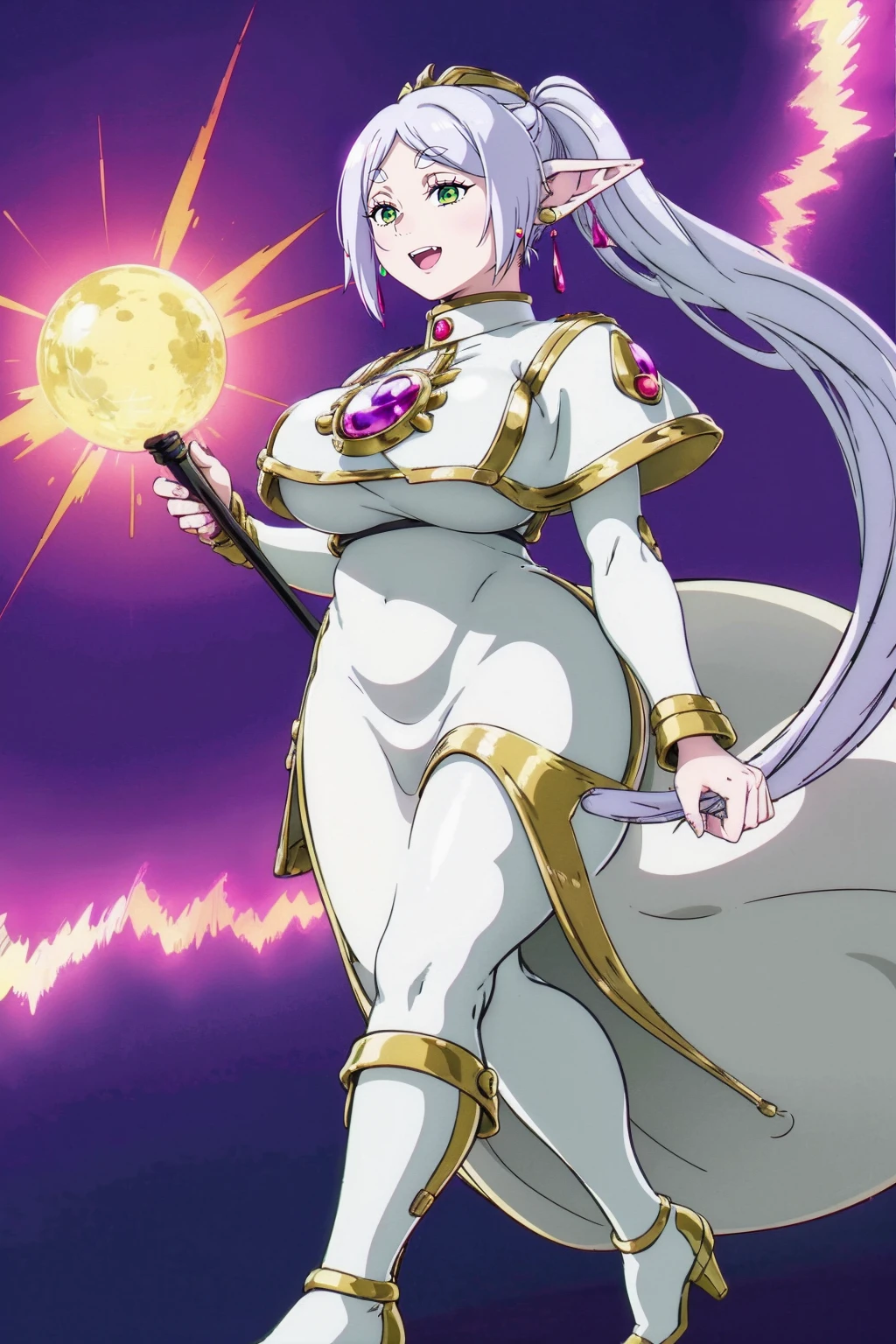 1girl,solo,elf,white hair,grey hair,earrings,pointy ears,long hair,ponytail,green eyes,twintails,parted bangs,thick eyebrows,,, holy magicalgirl, open mouth fang, holy haura, halo, smile, joyfull, paladin ,staff holding, full body , boots, standing,cute,breast, curvy, female,fantasy goddess,there is a cartoon picture of a woman with a very large breast, glowing angelic being, glowing holy aura, inspired by Luma Rouge, the non-binary deity of spring, ethereal rainbow nimbus, the butterfly goddess of fire, inspired by Mariel, glowing aura around her, astral fairy, as the goddess of the sun, “uwu the prismatic person, big breast, happy, beautiful eyes, , full body, walking, long robe, long dress, ,priestess ,holy, smile, god rays, ray tracing, sparkle, cinematic lighting, UHD, retina, masterpiece, ccurate, anatomically correct, textured skin, super detail, high details, high quality, award winning, best quality, highres, 1080P, HD, 4K, thunder aura, light aura,full