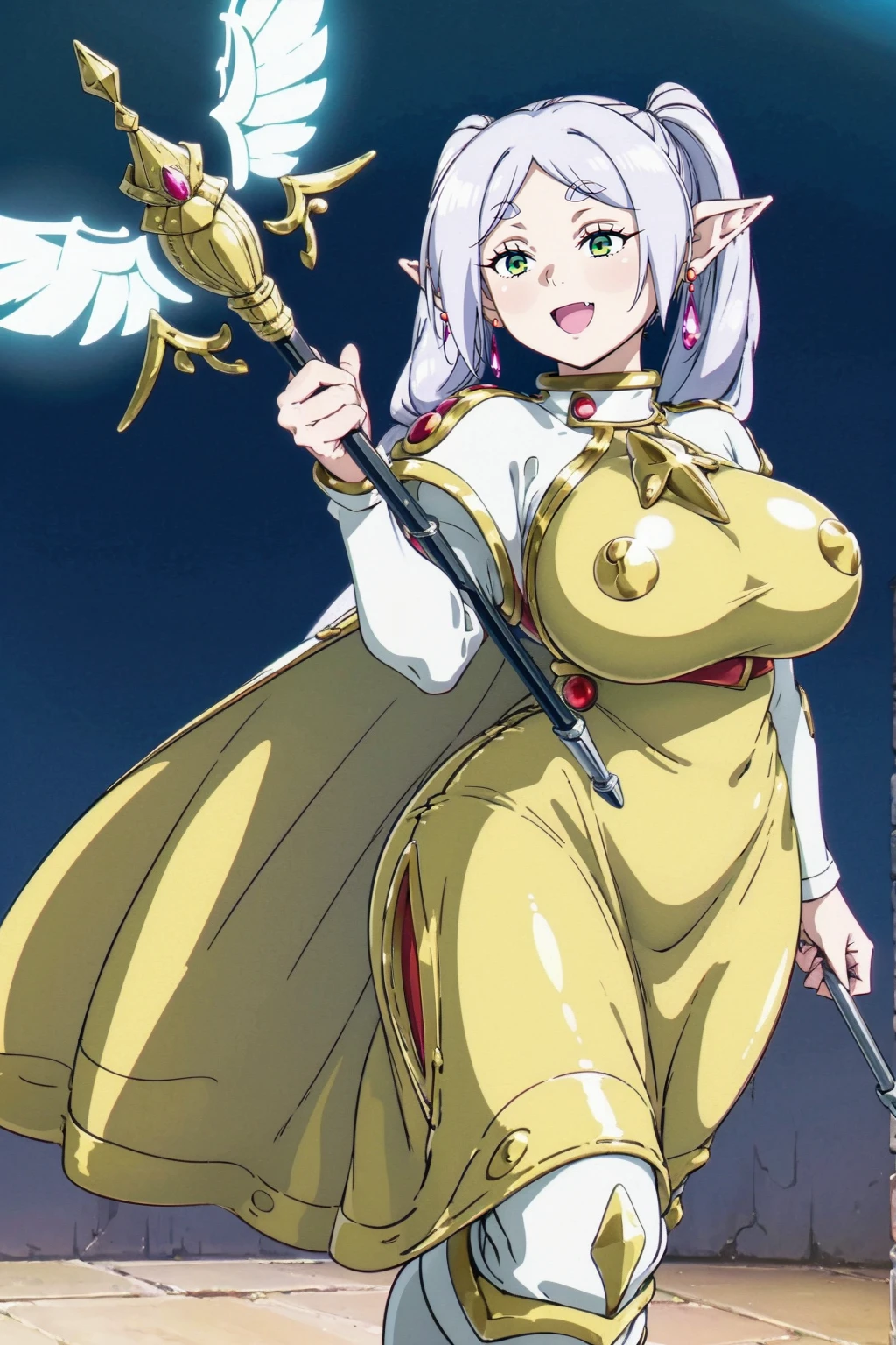 1girl,solo,elf,white hair,grey hair,earrings,pointy ears,long hair,ponytail,green eyes,twintails,parted bangs,thick eyebrows,,, holy magicalgirl, open mouth fang, holy haura, halo, smile, joyfull, paladin ,staff holding, full body , boots, standing,cute,breast, curvy, female,fantasy goddess,there is a cartoon picture of a woman with a very large breast, glowing angelic being, glowing holy aura, inspired by Luma Rouge, the non-binary deity of spring, ethereal rainbow nimbus, the butterfly goddess of fire, inspired by Mariel, glowing aura around her, astral fairy, as the goddess of the sun, “uwu the prismatic person, big breast, happy, beautiful eyes, , full body, walking, long robe, long dress, ,priestess ,holy, smile, god rays, ray tracing, sparkle, cinematic lighting, UHD, retina, masterpiece, ccurate, anatomically correct, textured skin, super detail, high details, high quality, award winning, best quality, highres, 1080P, HD, 4K, thunder aura, light aura,full