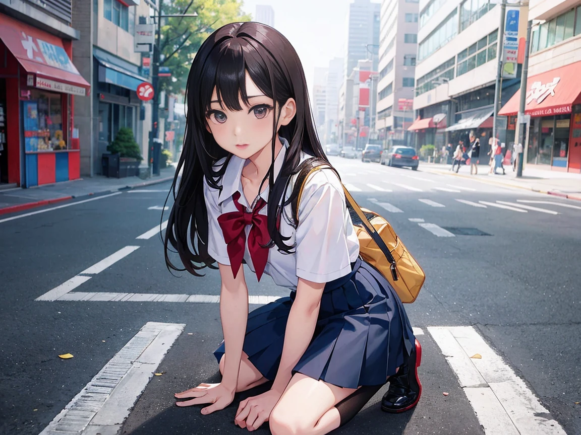 arafed asian woman in a school uniform kneeling on the street, hyperrealistic schoolgirl, a hyperrealistic schoolgirl, seductive anime girl, at a city street, artwork in the style of guweiz, oppai cyberpunk, extremely detailed artgerm, realistic schoolgirl, range murata and artgerm, hyper realistic anime, in city street