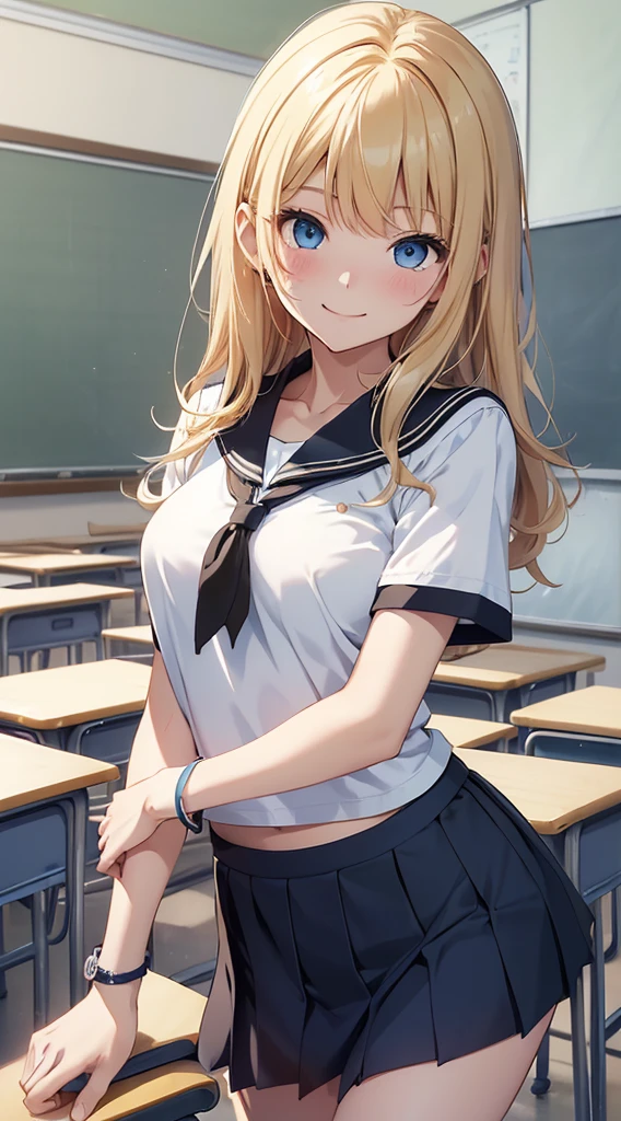 top-quality、Top image quality、masterpiece、girl with((18year old、student clothes、White short-sleeved Y-shirt、Black Sports Bra、Blue short skirt、Best Bust、Bust 85、a blond、Longhaire、Blue eyes、open chest wide、Happiness、Black wristband on wrist、A slender、a smile、Sexy Shots、))hiquality、visualart、Anime style、Background with((Morning School、Classroom))、masutepiece、