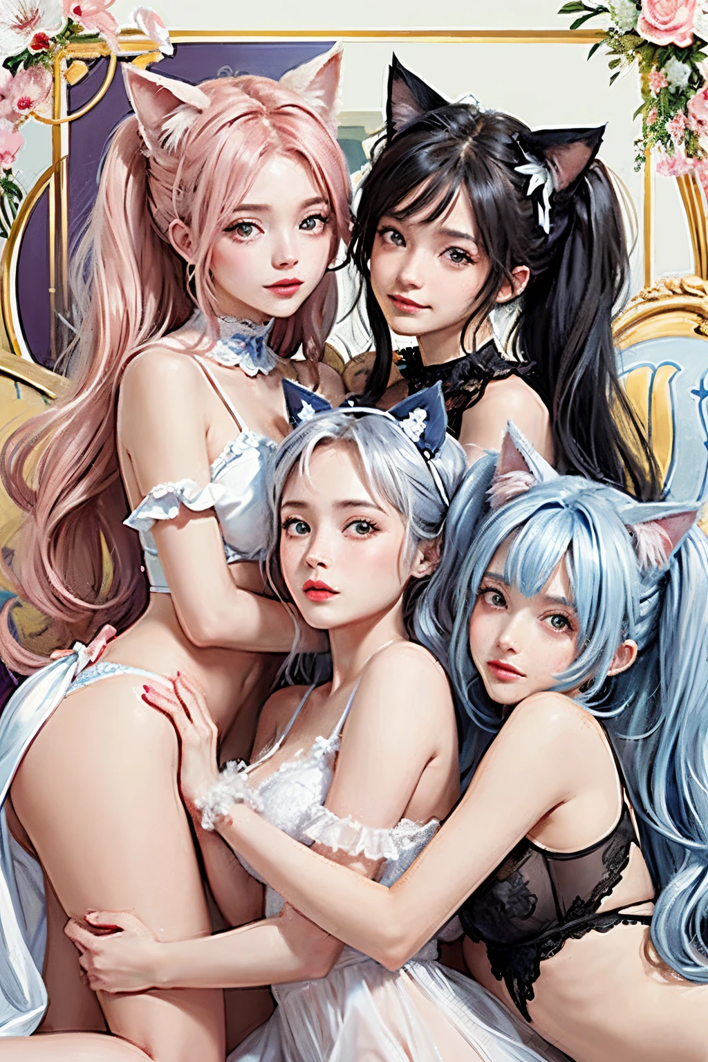 Femme à quatre pattes, le cul dans les airs, le dos en arc, face à l'écran, beaux seins, double ponytails, cat ears, cheveux blanc, lingerie blanche,