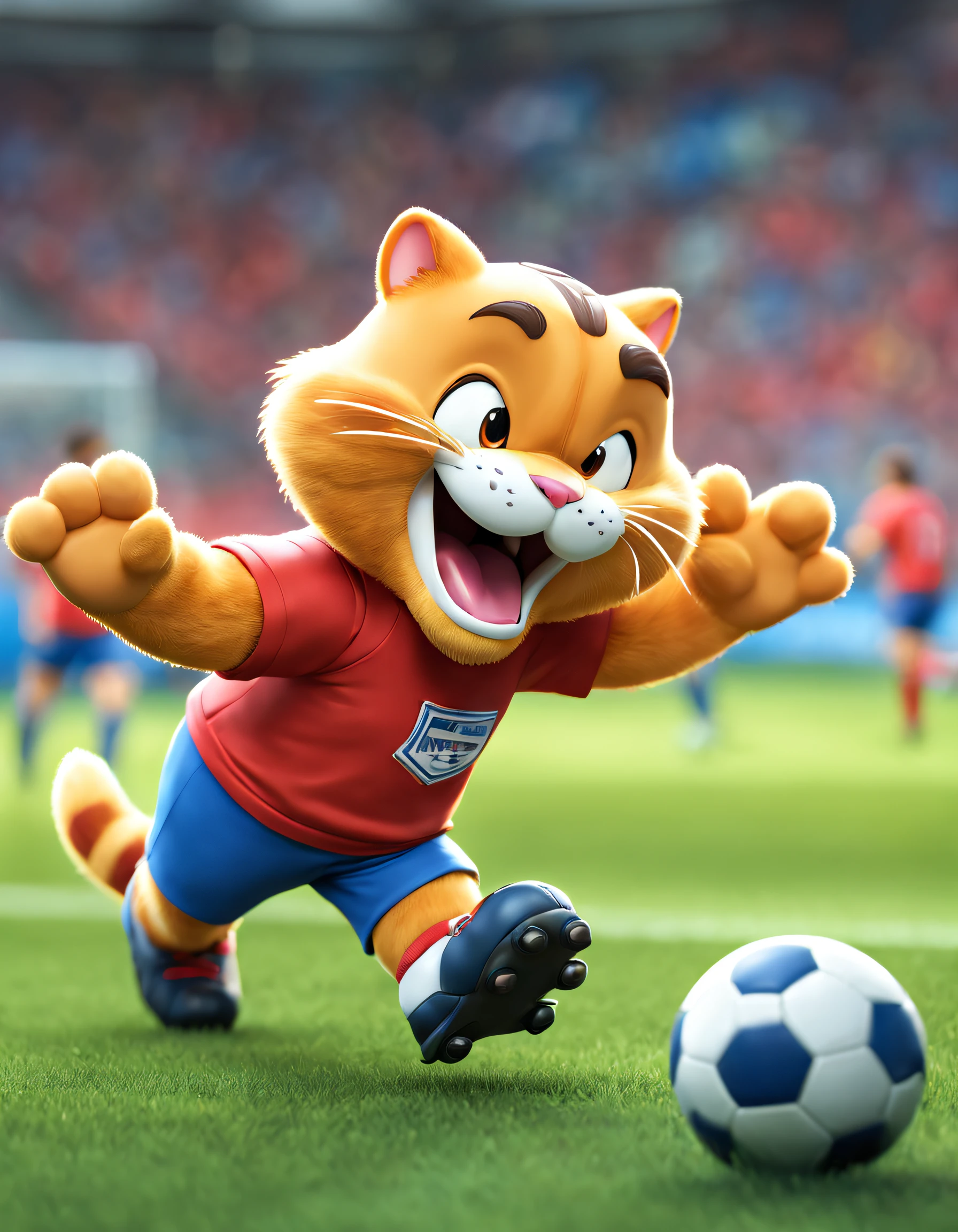 style of anime, motionblur, Ray traching, vignetting, tmasterpiece, super detailing, high detal, high high quality, Award-Awarded, A high resolution, 8K， 
(There is a Garfield cat playing football), （Shooting action）, ，Wearing red and blue tennis uniform, sports headband，exaggerated serious expression, largeeyes, long eyelasher，cosmetics，Hairy beard,（Long tail：1.0）， Background with： football match scene，Football goal，
 3D, Cartoonish, Produced by Pixar, kawaii, anthropomorphic turtle，comic strip，