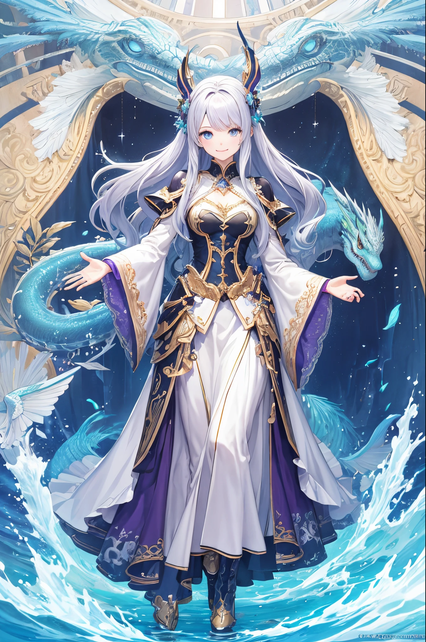 ultra-detailliert、anime illustrated、2D Beautiful Girl、top-quality、Top image quality、masterpiece、超A high resolution、android beautiful girl、sixteen years old, glowing purple cyber suit,Silvery long-haired、Blue eyes、A slender、The face is depicted in detail、The eyes are very detailed、The clothes are also depicted in detail、hiquality、Beautiful Art、Fantastic Universe、Elaborate design、soio、kindly smile、water dragon goddess、animesque、illustratio、Full body front
