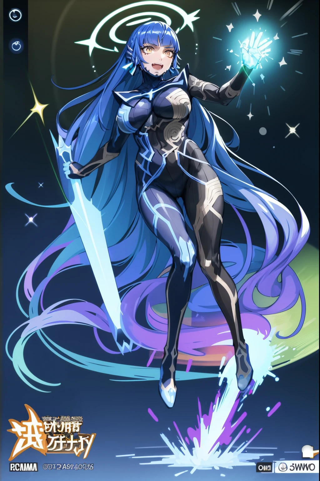 e,, holy magicalgirl, open mouth fang, holy haura, halo, smile, joyfull, paladin, sword holding, full body , boots, standing,cute,breast, curvy, female,fantasy goddess,there is a cartoon picture of a woman with a very large breast, glowing angelic being, glowing holy aura, inspired by Luma Rouge, the non-binary deity of spring, ethereal rainbow nimbus, the butterfly goddess of fire, inspired by Marie Angel, glowing aura around her, astral fairy, as the goddess of the sun, “uwu the prismatic person, big breast, happy, beautiful eyes, , full body, walking, long robe, long dress, ,priestess ,holy, smile, god rays, ray tracing, sparkle, cinematic lighting, UHD, retina, masterpiece, ccurate, anatomically correct, textured skin, super detail, high details, high quality, award winning, best quality, highres, 1080P, HD, 4K, thunder aura, light aura,full body suit, pullover, metal suit, covered chest