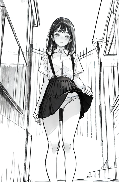 1girl in,line-drawing,monochromes,sketch,Pencil drawing,Traditional Media,1girl in, 校服、female student、black skirt fence, shortsleeves, Skirt, Solo、Standing、Cute age woman, ,Beautiful portrait、Delicate body、Semi-long、full body Esbian、Looked、Delicate body、View from below, I can see my panties, medium breasts, ((Very detailed)), (Perfectly detailed face), (Highly detailed hands), White panty,up skirt,Lace panties,Not looking at the camera,Thin panties, Sheer are visible,Embarrassed look,