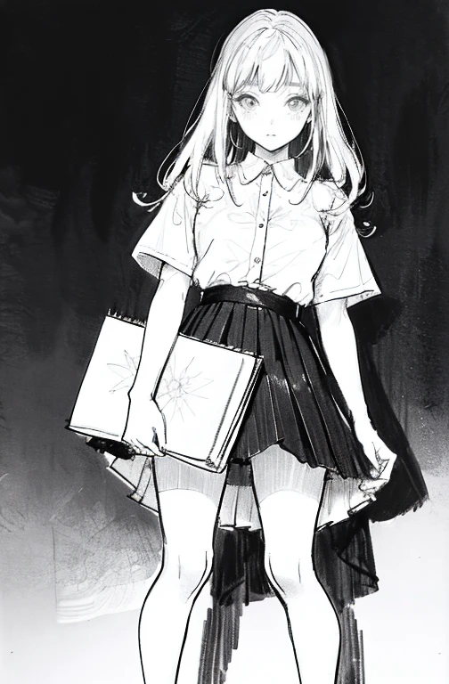 1girl in,line-drawing,monochromes,sketch,Pencil drawing,Traditional Media,1girl in, 校服、female student、black skirt fence, shortsleeves, Skirt, Solo、Standing、Cute teenage woman, ,Beautiful portrait、Delicate body、Semi-long、full body Esbian、Looked、Delicate body、View from below, I can see my panties, medium breasts, ((Very detailed)), (Perfectly detailed face), (Highly detailed hands), White panty,up skirt,Lace panties,Not looking at the camera,Thin panties, Sheer are visible,Embarrassed look,