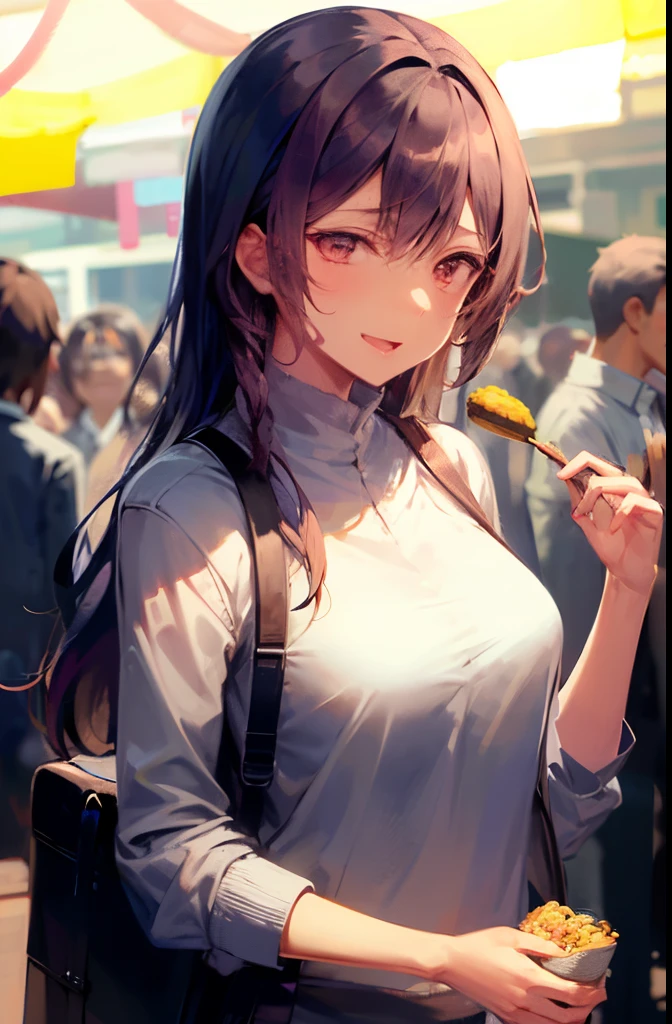 A bustling night market. Women are wearing casual clothes, Carry snacks, And her face is full of joy and satisfaction.