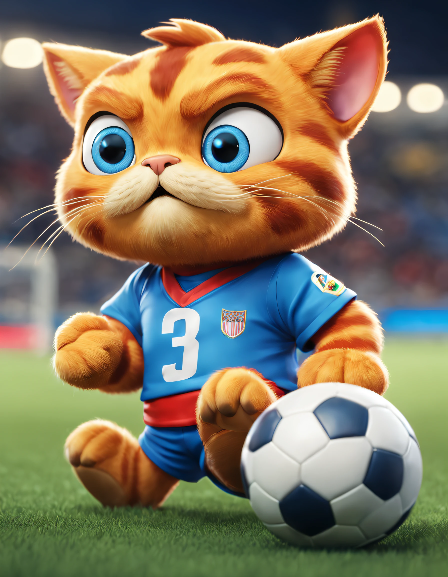 style of anime, motionblur, Ray traching, vignetting, tmasterpiece, super detailing, high detal, high high quality, Award-Awarded, A high resolution, 8K,
(There is a fat Garfield cat playing football), (Shooting action), Wearing red and blue uniforms,size 10 shirt,blue soccer shoes,exaggerated serious expression, ,Hairy beard,(Long tail:1.2), play soccer,
Background with: Football match scene at night,Football goal,
3D, Cartoonish, pixar-style, kawaii, an anthropomorphic turtle,comic strip,illustration