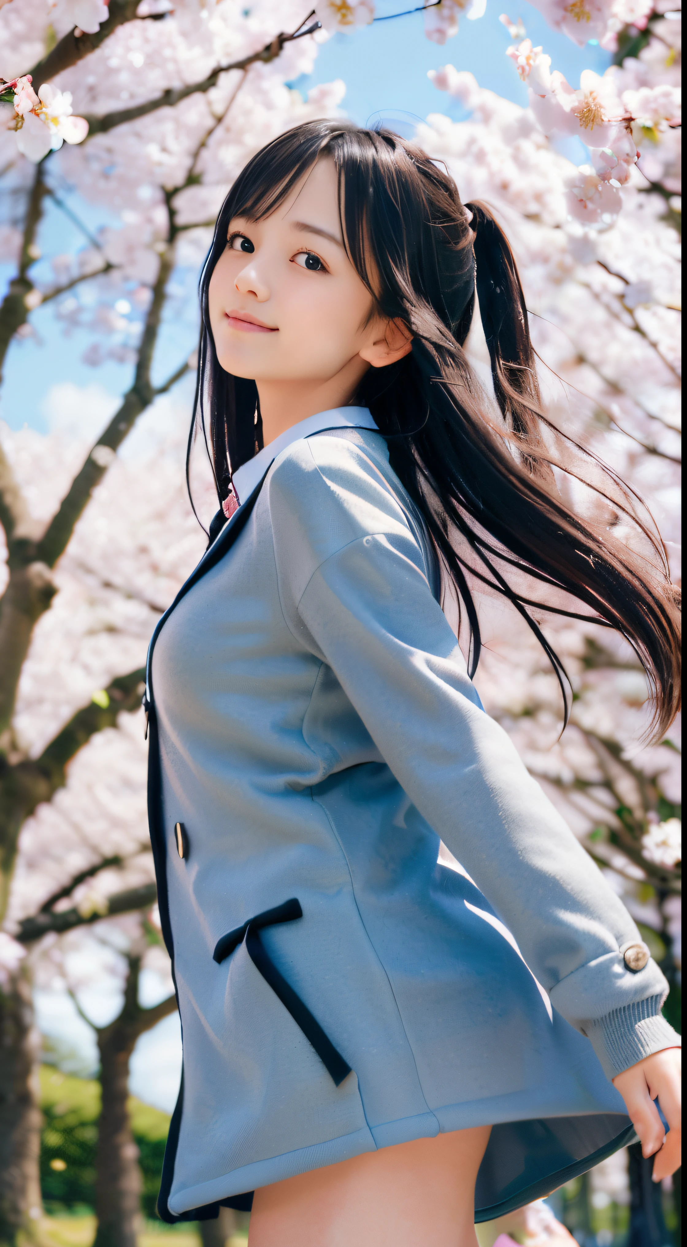 (Low angle shot of one slender small breasts two side up hair girl in spring coat and shirt :1.5)、(The girl turns around with a small smile、the hair flutters with the wind :1.5)、(low angle shot:1.5)、(Rows of cherry blossom trees in full bloom and cherry blossom petals dancing in the wind:1.5)、(Blurry background,:1.5)、(Perfect Anatomy:1.3)、(No mask:1.3)、(complete fingers:1.3)、Photorealistic、Photography、masutepiece、top-quality、High resolution, delicate and pretty、face perfect、Beautiful detailed eyes、Fair skin、Real Human Skin、pores、((thin legs))、(Dark hair)