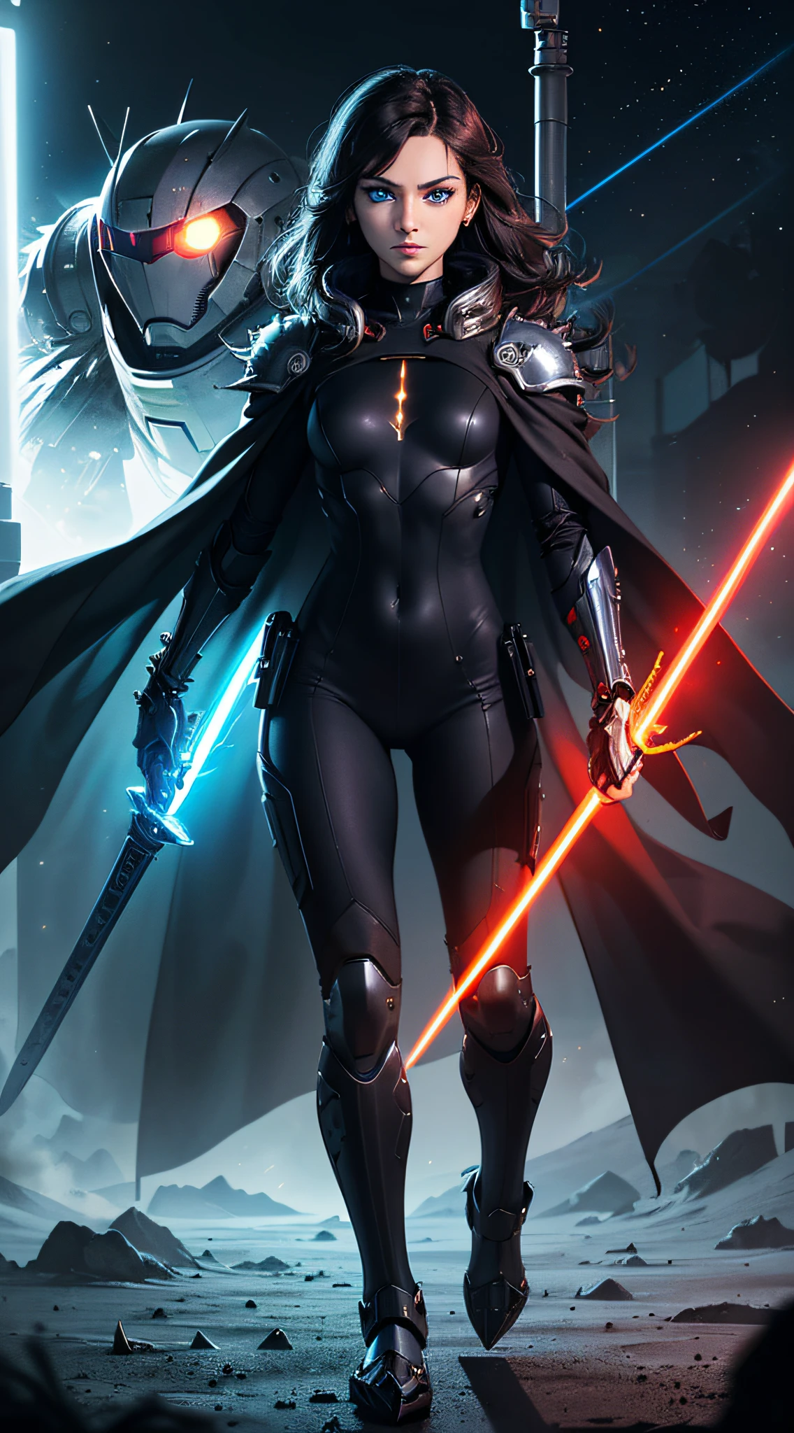 top-quality、Top image quality、masterpiece、hiquality、Beautiful Art、masutepiece、visualart、depth of fields、male people((Black and red bodysuit、left arm machine gun、Right Arm Laser Sword、Glowing chest、mechanical cloak、blue eyess、spiny feet)),Background with((Lunar base),monitor screen perspective