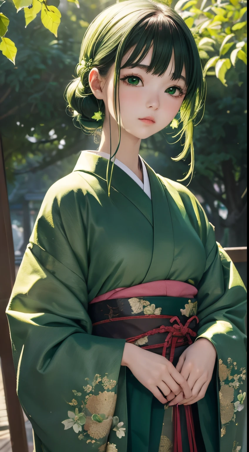 (((Green world:1.3)))、Best Quality, masutepiece, High resolution, (((1girl in))), ,(((Eyes are green:1.3)))、Yamato Nadeshiko wears kimono beautifully、((12 Simple、traditional junihitoe)), Tindall Effect, Realistic, Shadow Studio,Ultramarine Lighting, dual-tone lighting, (High Detail Skins: 1.2)、Pale colored lighting、Dark lighting、 Digital SLR, Photo, High resolution, 4K, 8K, Background blur,Fade out beautifully、Green world