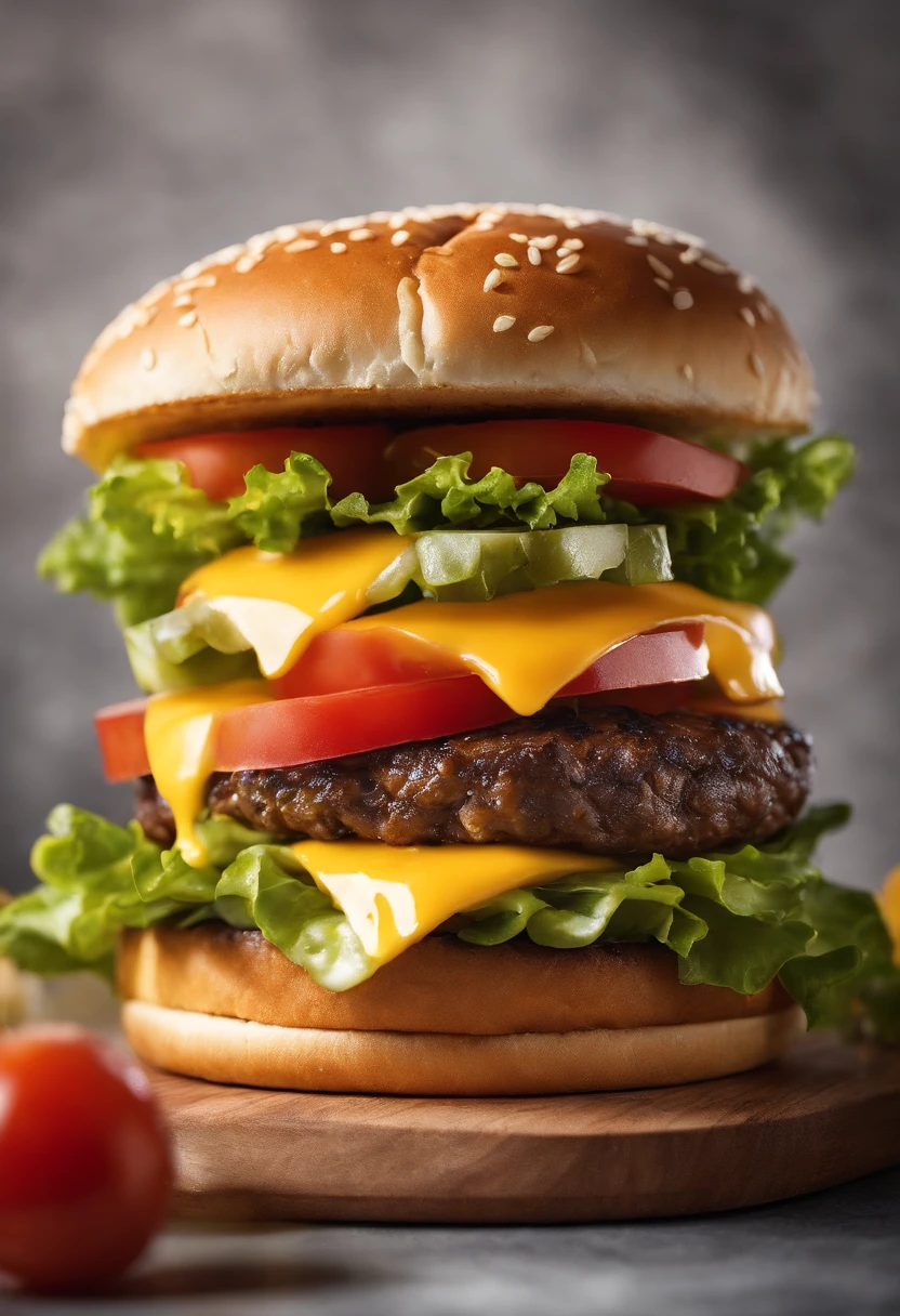 A high-resolution photograph of a cheeseburger with a perfectly melted slice of American cheese, resting on a juicy beef patty, topped with crisp lettuce, ripe tomato slices, and a tangy pickle, all nestled between a toasted sesame seed bun