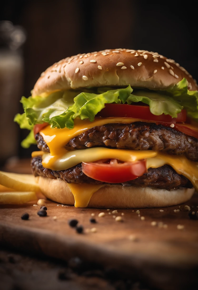 A high-resolution photograph of a cheeseburger with a perfectly melted slice of American cheese, resting on a juicy beef patty, topped with crisp lettuce, ripe tomato slices, and a tangy pickle, all nestled between a toasted sesame seed bun