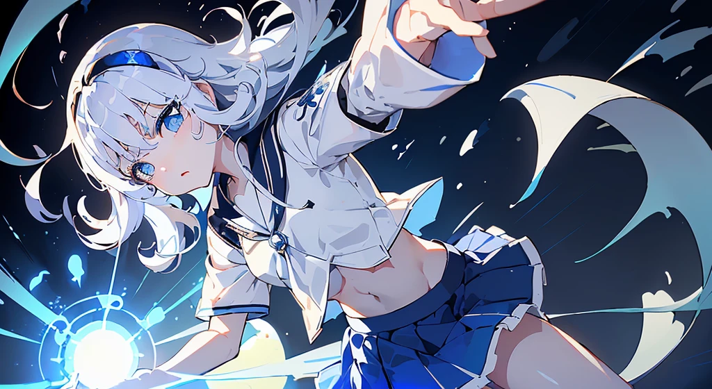brilliance、Whole body、(one girls:1.5)、white hair、(White uniform:1.4)、(Skirt High School Student:1.3)、(Navy blue skirt 1.4)、(shortsleeves:1.2)、(a navel:1.3)、(blue eyess:1.6)、(length hair:1.2)、Taoist、Dynamic Illustration、masterpiece、blue flames、attacking with magic、uses magic、(The skirt is dark blue:1.6)