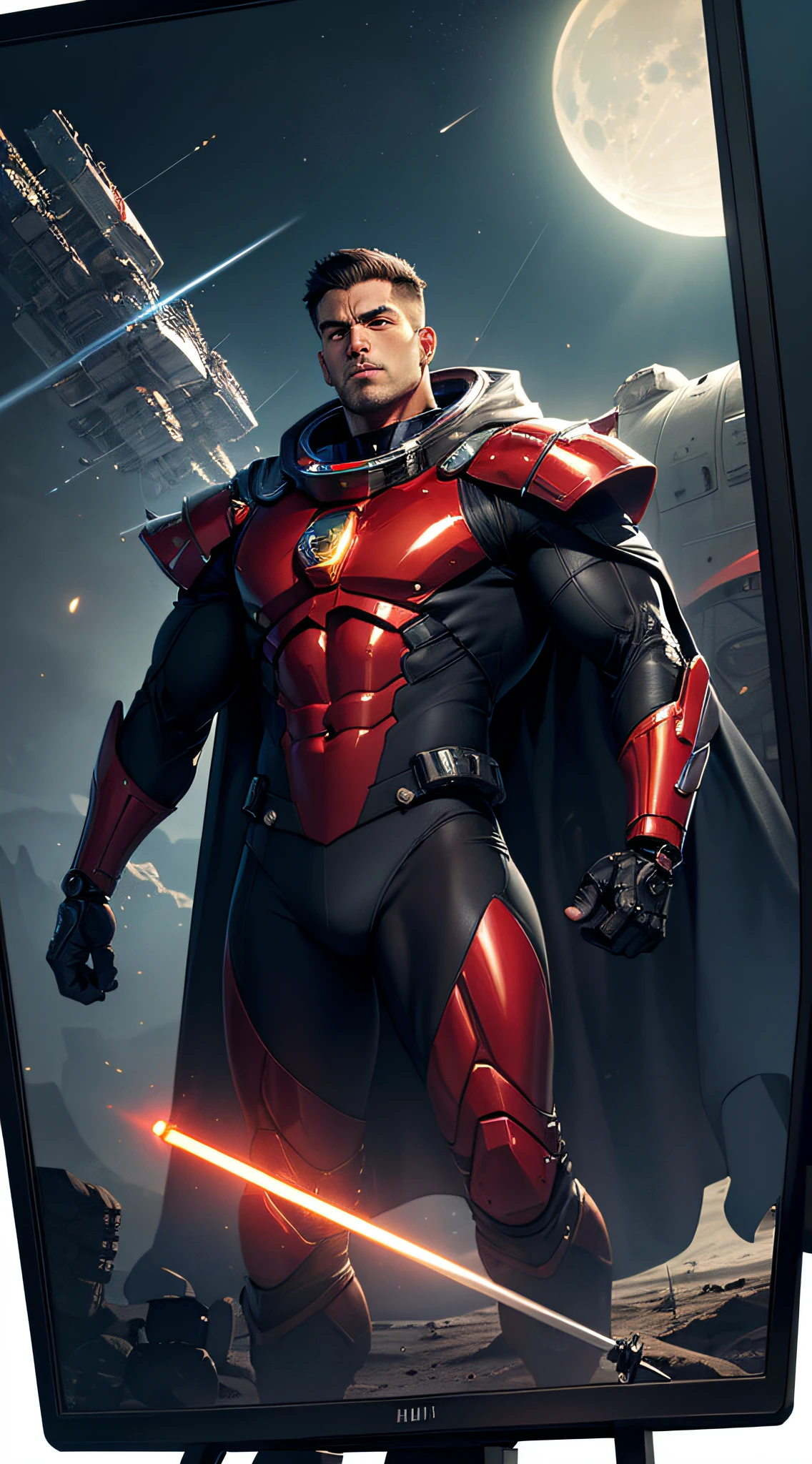 top-quality、Top image quality、​masterpiece、hiquality、Beautiful Art、masutepiece、visualart、depth of fields、male people((age 40s、well-muscled、Black and red bodysuit、left arm machine gun、Right Arm Laser Sword、Glowing chest、mechanical cloak、blue eyess、spiny feet)),Background with((Lunar base),monitor screen perspective