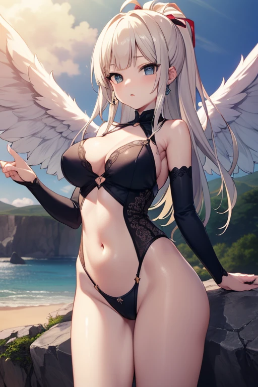 Nero、blanche、blue、rot,(Best quality at best, ultra - detailed, A high resolution, extremely detremely detailed CG),wide wide shot,Dead angel standing on the edge of the cliff,She is beautiful,mistic,Fanatics, iintricate, Surreal,Exquisite