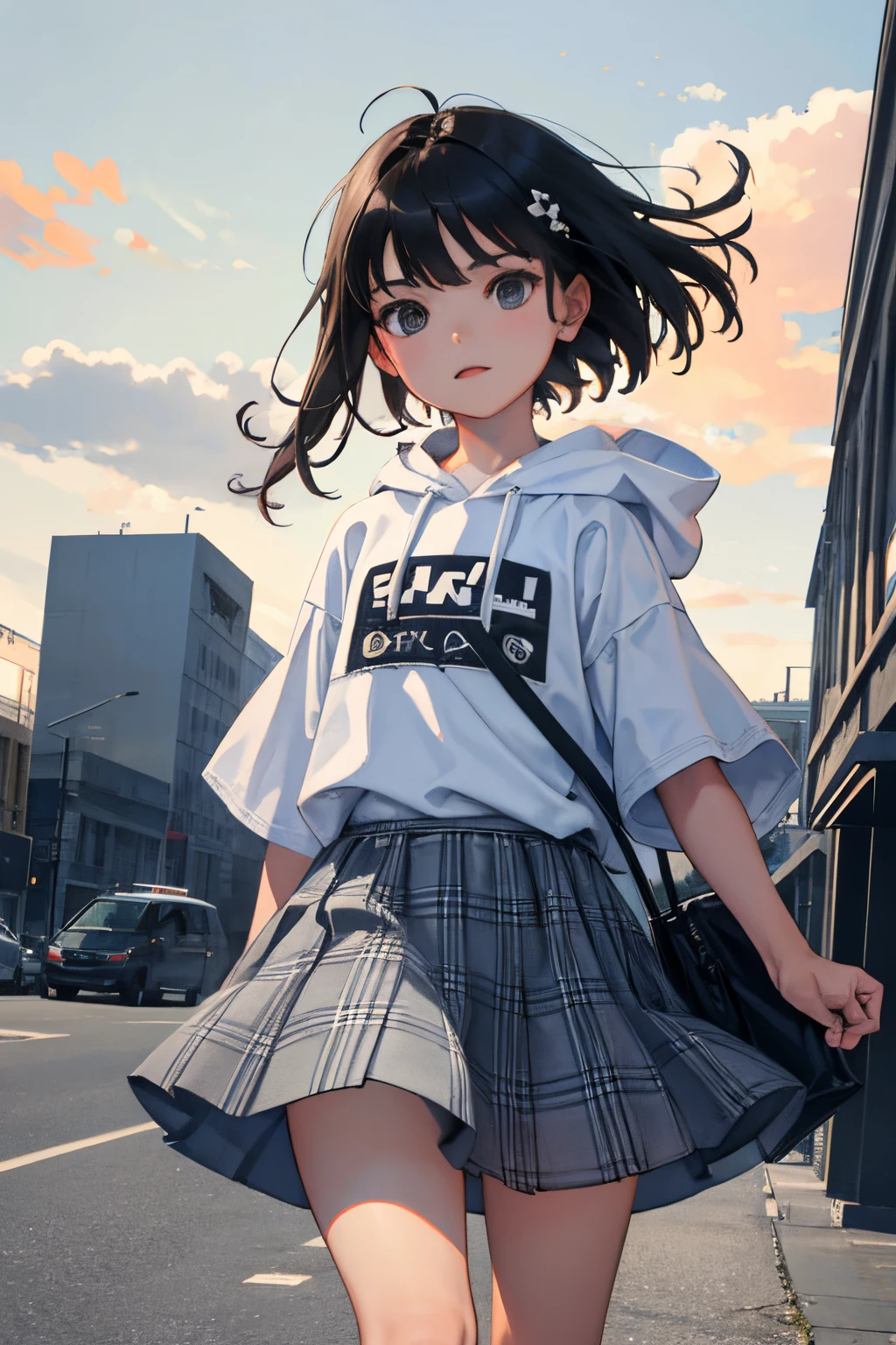 (child:1.2),(masterpiece,Highest Quality),Short sleeve hoodie,Grey plaid skirt,A dark-haired,The wind is blowing,World of toys