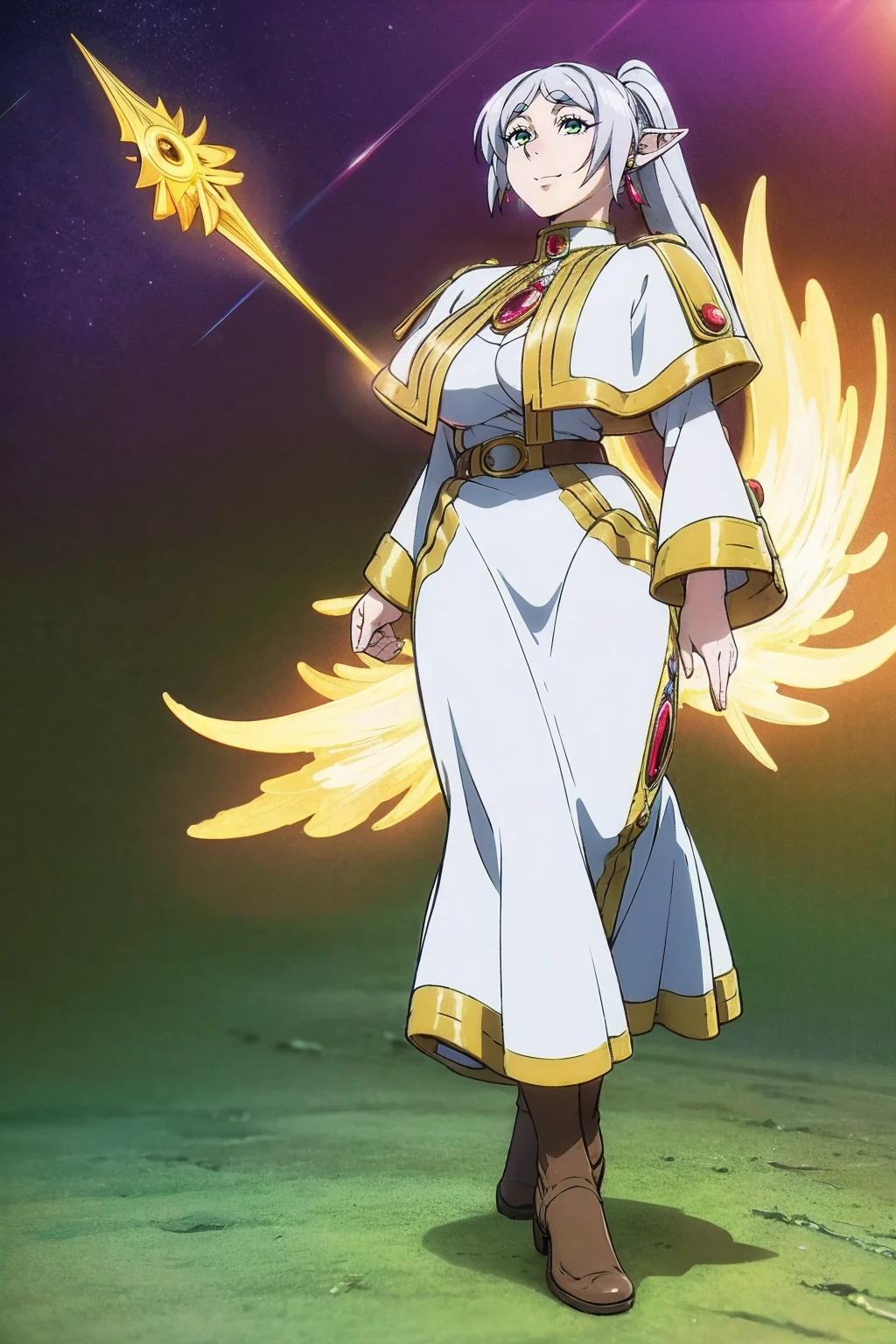 1girl,solo,elf,white hair,grey hair,earrings,pointy ears,long hair,ponytail,green eyes,twintails,parted bangs,thick eyebrows,,, holy magicalgirl, open mouth fang, holy haura, halo, smile, joyfull, paladin, sword holding, full body , boots, standing,cute,breast, curvy, female,fantasy goddess,there is a cartoon picture of a woman with a very large breast, glowing angelic being, glowing holy aura, inspired by Luma Rouge, the non-binary deity of spring, ethereal rainbow nimbus, the butterfly goddess of fire, inspired by Mariel, glowing aura around her, astral fairy, as the goddess of the sun, “uwu the prismatic person, big breast, happy, beautiful eyes, , full body, walking, long robe, long dress, ,priestess ,holy, smile, god rays, ray tracing, sparkle, cinematic lighting, UHD, retina, masterpiece, ccurate, anatomically correct, textured skin, super detail, high details, high quality, award winning, best quality, highres, 1080P, HD, 4K, thunder aura, light aura,full
