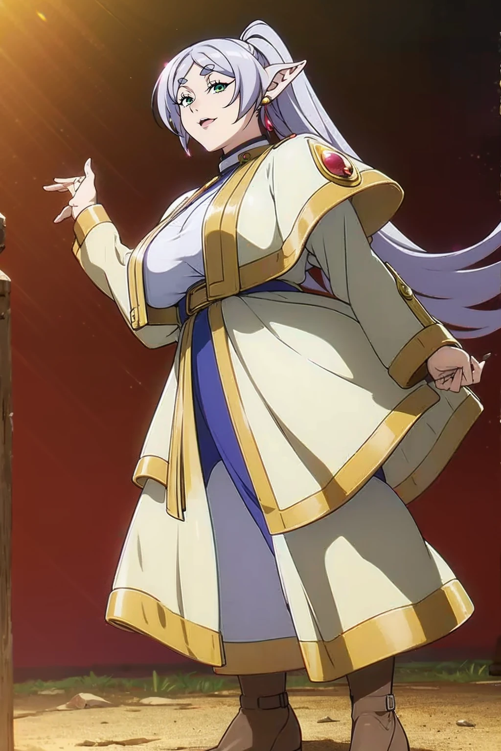 1girl,solo,elf,white hair,grey hair,earrings,pointy ears,long hair,ponytail,green eyes,twintails,parted bangs,thick eyebrows,,, holy magicalgirl, open mouth fang, holy haura, halo, smile, joyfull, paladin, sword holding, full body , boots, standing,cute,breast, curvy, female,fantasy goddess,there is a cartoon picture of a woman with a very large breast, glowing angelic being, glowing holy aura, inspired by Luma Rouge, the non-binary deity of spring, ethereal rainbow nimbus, the butterfly goddess of fire, inspired by Mariel, glowing aura around her, astral fairy, as the goddess of the sun, “uwu the prismatic person, big breast, happy, beautiful eyes, , full body, walking, long robe, long dress, ,priestess ,holy, smile, god rays, ray tracing, sparkle, cinematic lighting, UHD, retina, masterpiece, ccurate, anatomically correct, textured skin, super detail, high details, high quality, award winning, best quality, highres, 1080P, HD, 4K, thunder aura, light aura,full