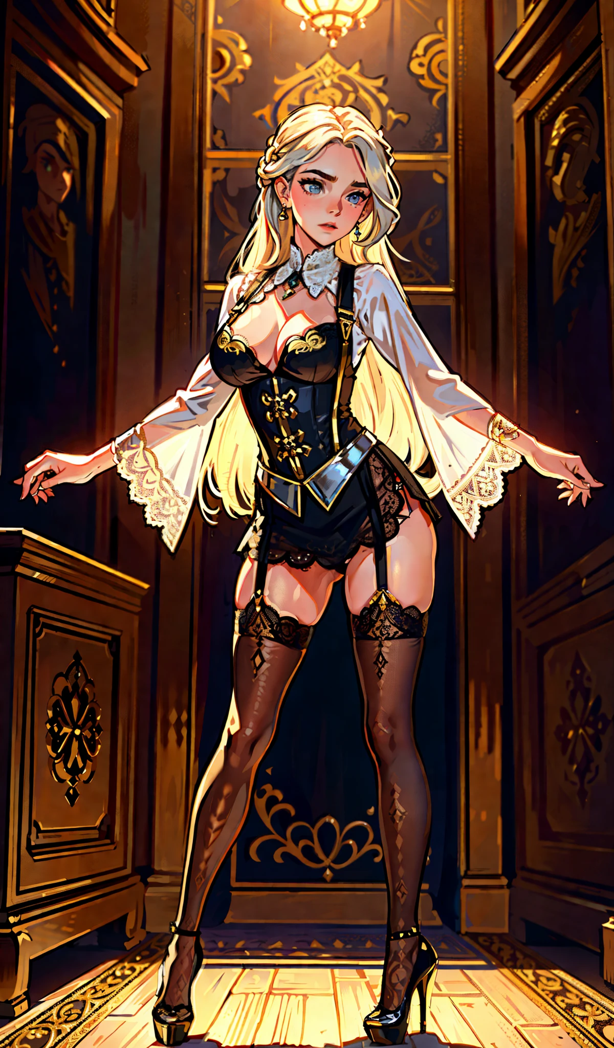 (Standing pose,gold body lingerie, legs, a lot of intricate jewelry:1 emma watson), true masterpiece, best quality, RAW photography, realisticlying, cute face,(long flowing blond hair), Incredibly Ridiculous res, Beautiful beauty, ear studs, (Long silver hair,jewelry,(Black lace-trimmed suspender stockings),(highheels),depth of fields, A high resolution, ultra - detailed, filigree, RAWE is very detailed, very detailed eyes and faces, Sharp pupils, realistic pupil, tack sharp focus, cinematic lighting,full bodyesbian,Bigboobs,long legs,Look from the front,European palaces,dynamicposes