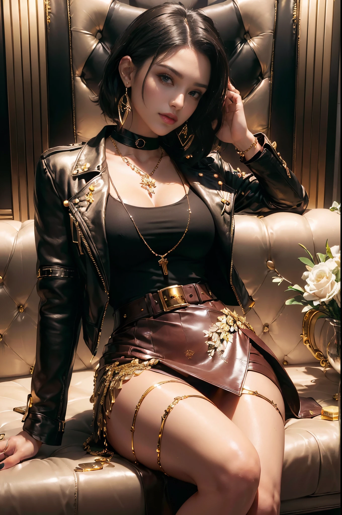 (beautifull mafia lady, medium bob hair, sitting on sofa, holding gold bar, gold bar everywhere, gold belt, detail luxury hairpin, mafia house, (luxury house ornament), (detail luxury leather jacket), (detail luxury leather skirt), expensive detailed necklace, flower vase on glass table, beautifull face, pretty face, beautifull eyes, beautifull nose, sexy lips, polished nails, raytracing, beautifull fingers, beautifull hands, sexy belly, sexy body, sexy shoulders, sexy hips, (luxury arm ornament), (luxury bracelet), (luxury ring), (luxury necklace), (luxury earring), (4 fingers in 1 hand), full body picture, pretty makeup, perfect anatomy, good lighting, professional photoshoot, closed up shoot, photomodel, photogenic