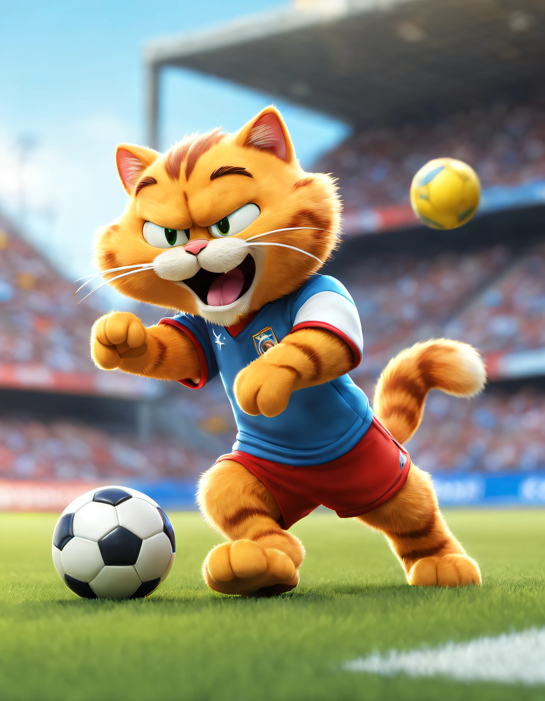 style of anime, motionblur, ray traycing, vignetting, tmasterpiece, super detailing, high detal, high high quality, Award-Awarded, A high resolution, 8K,
(There is a Garfield cat playing football), (The action of kicking the ball), Meaty cheeks,(Long tail:1.5),Wearing red tracksuit and blue football boots,size 10 shirt,blue soccer shoes,Hairy beard,,Exaggerated, Honest and cute expression, penalty kick,kick the ball,
Background with: football match scene,Football Goal 3D, Cartoonish, pixar-style, kawaii, anthropomorphic turtle,comic strip,