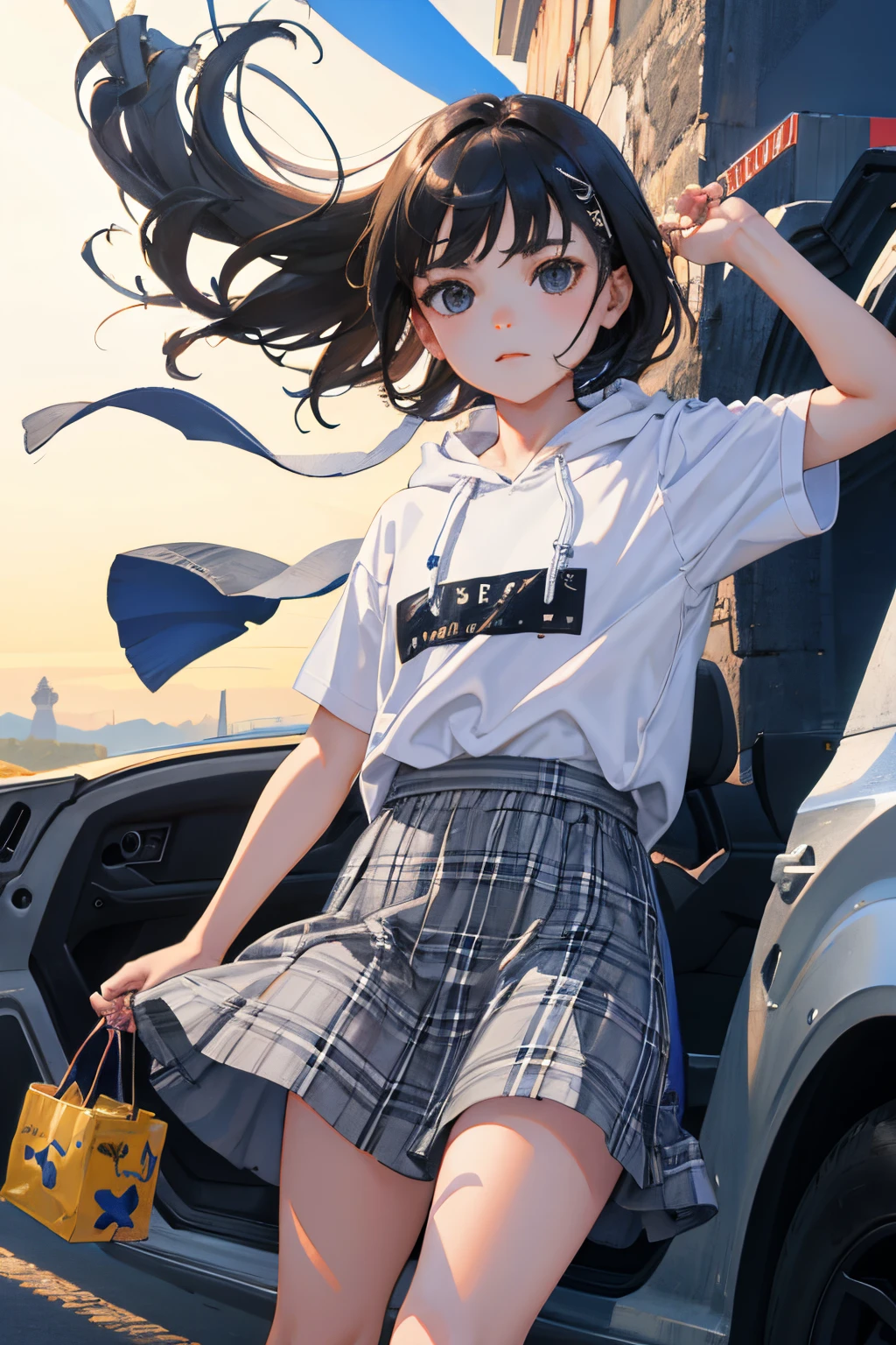 open one's legs,,(masterpiece,Highest Quality),Navy Light Hoodie,plaid skirts,A dark-haired,The wind is blowing