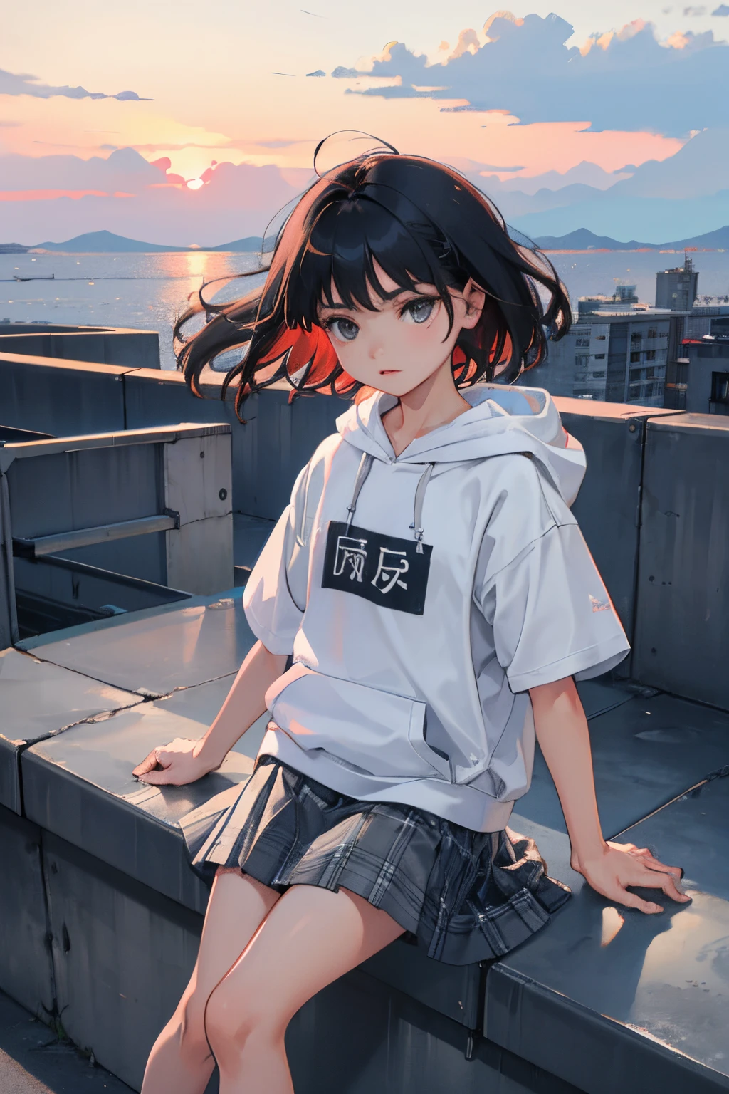 (:1.2)，（​masterpiece，Highest Quality），Short sleeve hoodie，Grey plaid skirt，A dark-haired，The wind is blowing，On the rooftop