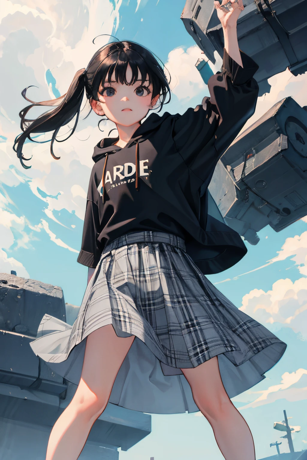 (:1.2),(masterpiece,Highest Quality),Short sleeve hoodie,Grey plaid skirt,A dark-haired,The wind is blowing,bru