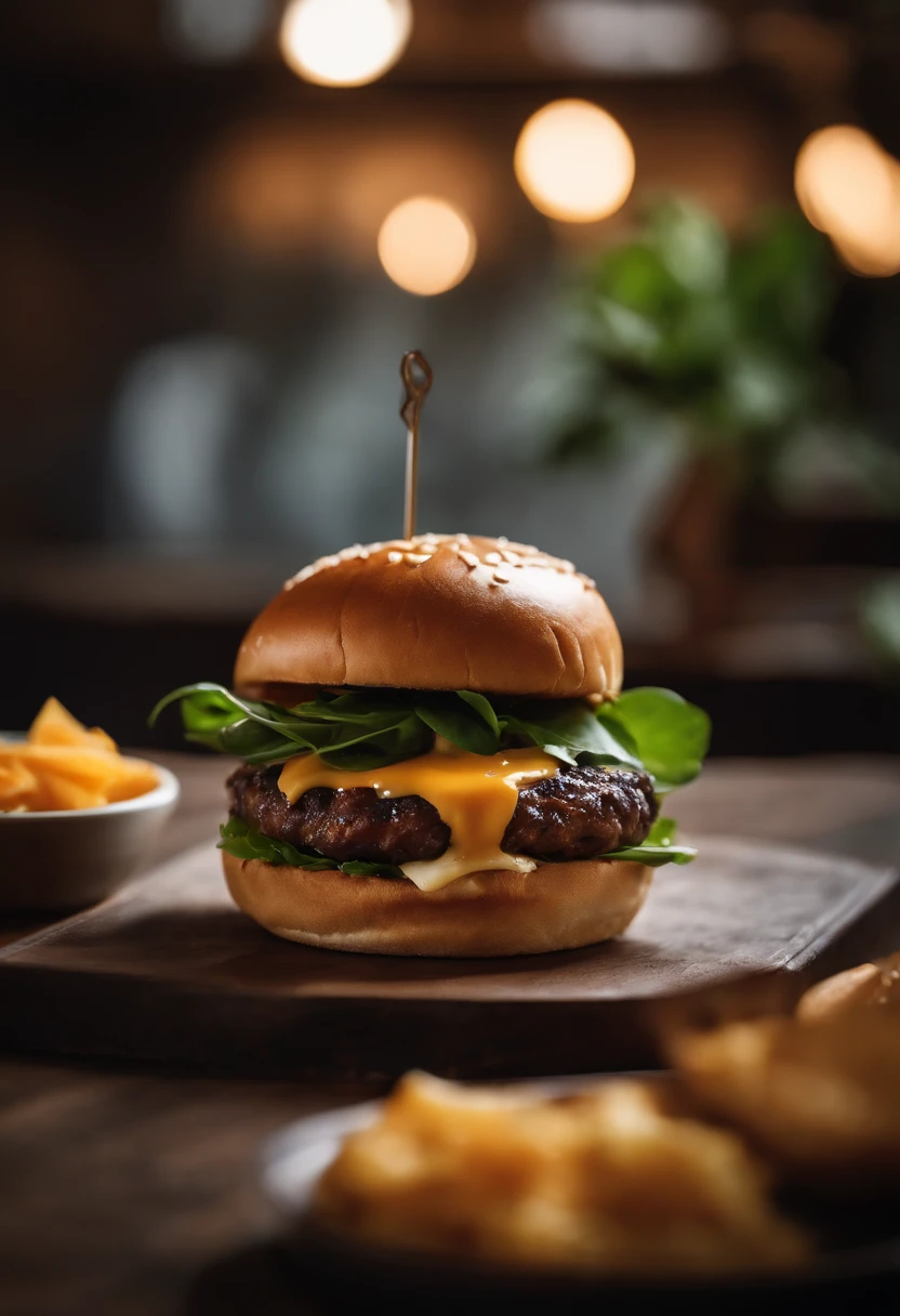 An aesthetic image of a gourmet cheeseburger, featuring a thick, perfectly cooked patty topped with a melting slice of aged cheddar cheese, accompanied by fresh arugula leaves, caramelized onions, and a smear of smoky barbecue sauce on a brioche bun.