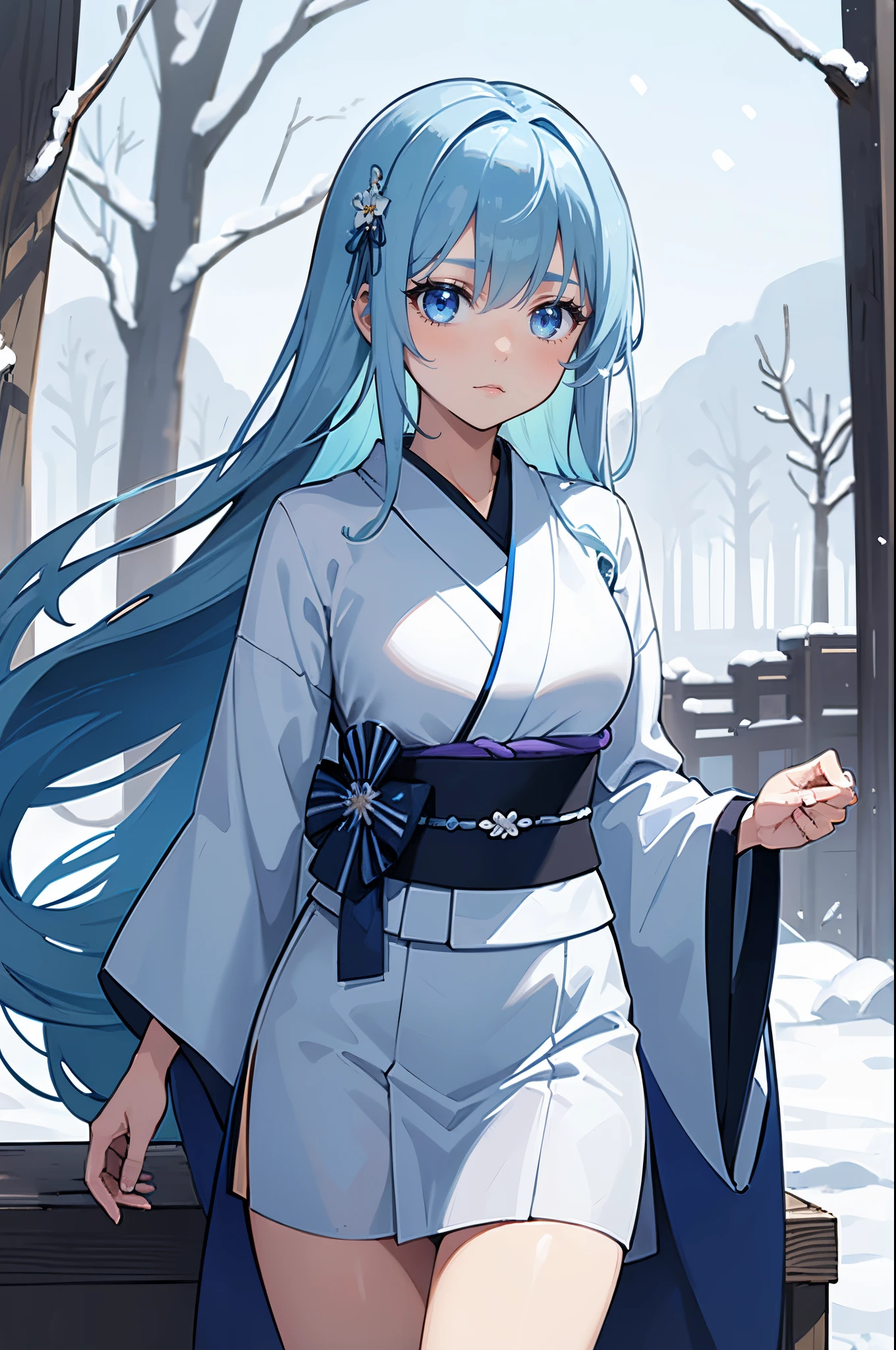 Safe for work, masterpiece, best quality, solo, 1 girl, wholesome girl,  (young female body:1.4), ( medium breasts), cowboy shot,  light blue hair, long light blue straight hair, extra long hair, blue eyes, piercing blue eyes, expressionless, suprised, outdoors, snowing forest,snow, japanese tradiotional kimono, light blue long kimono, dark and light blue long white kimono, elegant, flowing kimono,