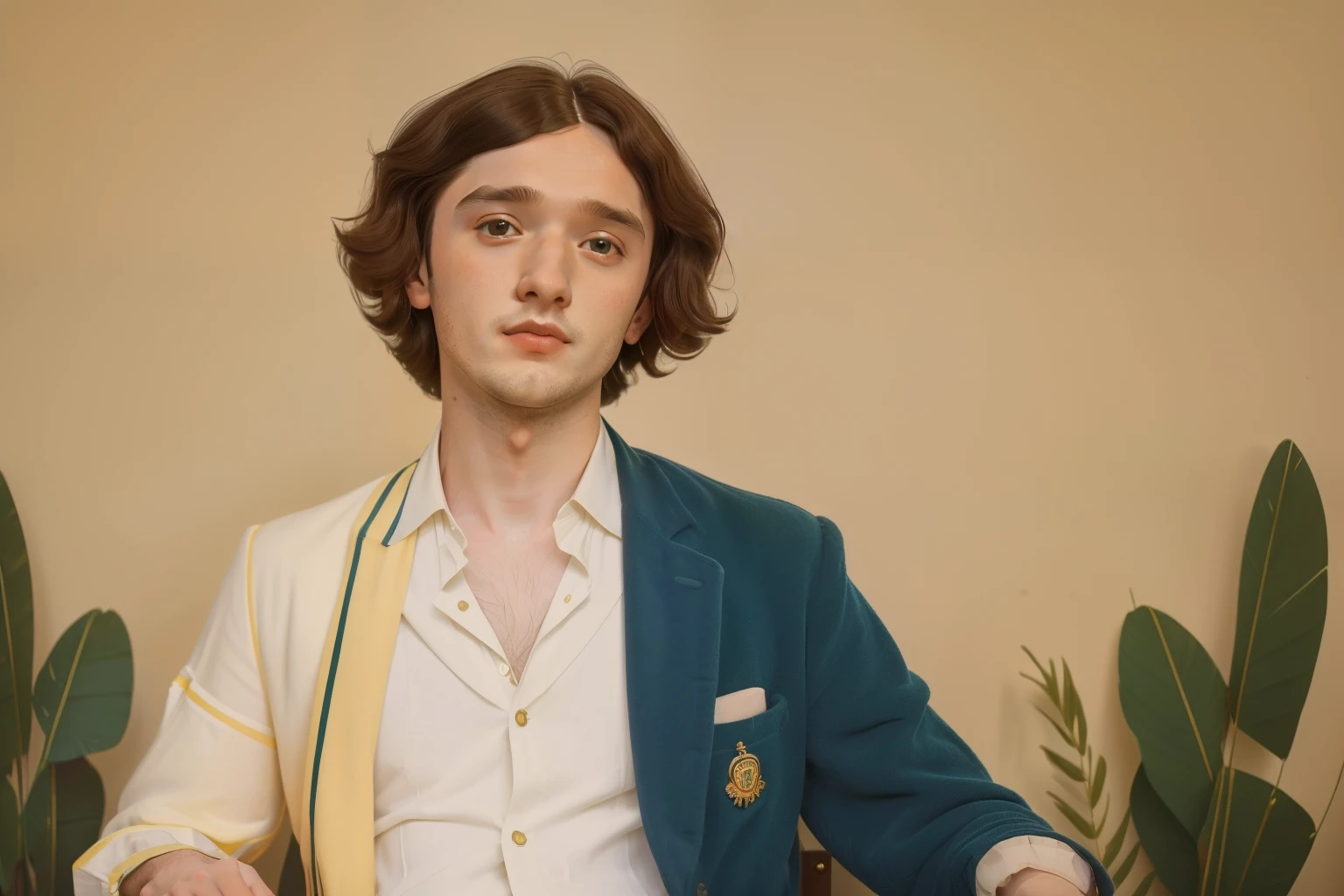 2023, London. Pre-raphaelite ((((30-year-old)) Alexander Vlahos)), ((happiness expression)), ((((casual Clothing from the 2020s)))), ((Hairstyle of the 2020s)), ((Wes Anderson cinematic style)), colorful