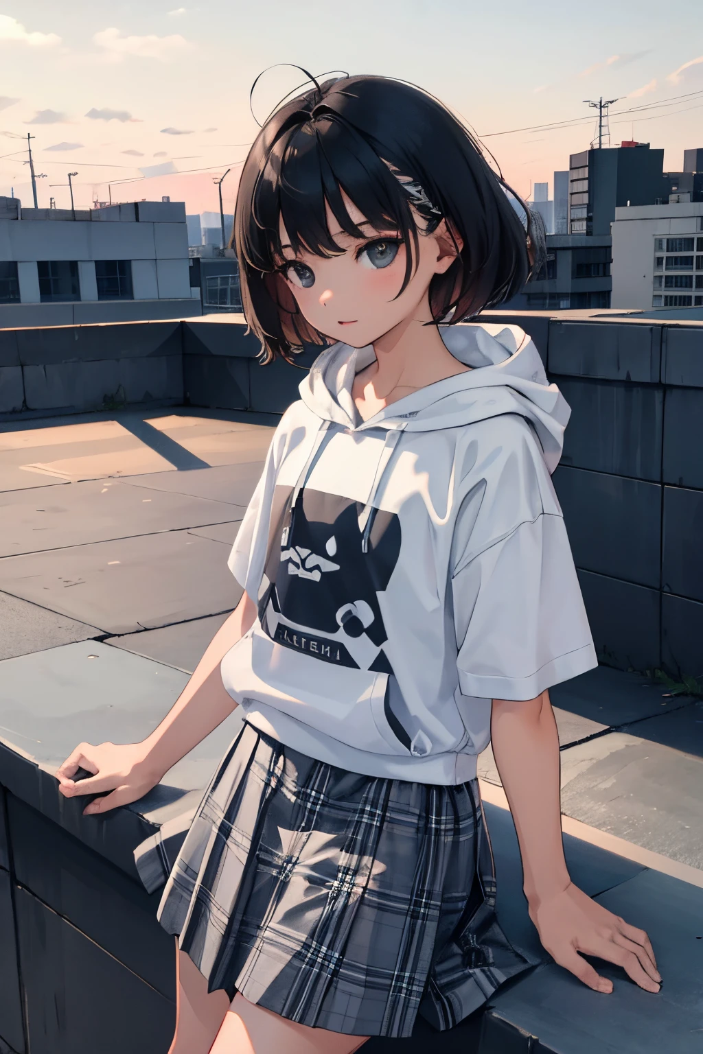 (child:1.2),(masterpiece,Highest Quality),Short sleeve hoodie,Grey plaid skirt,A dark-haired,On the rooftop