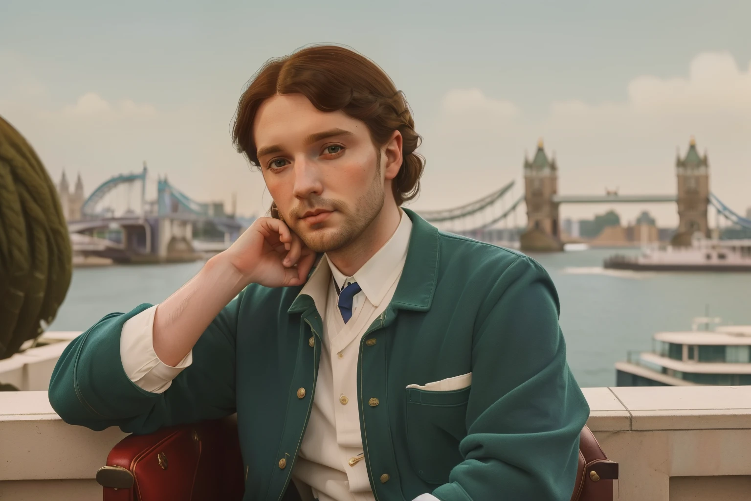 2023, London. Pre-raphaelite ((((30-year-old)) Freddy Carter)), ((happiness expression)), ((((casual Clothing from the 2020s)))), ((Hairstyle of the 2020s)), ((Wes Anderson cinematic style)), colorful