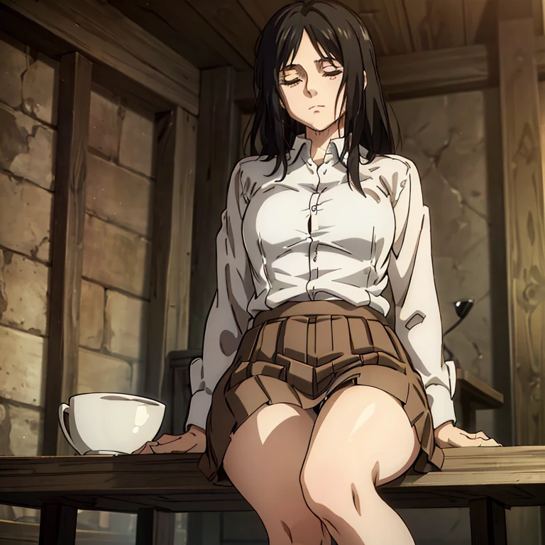 (((Pieck))), 1girl, high-res, absurd res, masterpiece quality, , looking at viewer, hands on thighs, unbuttoned shirt, explicit, thigh focus, thigh squish, skirt, eyes closed, white liquid on face