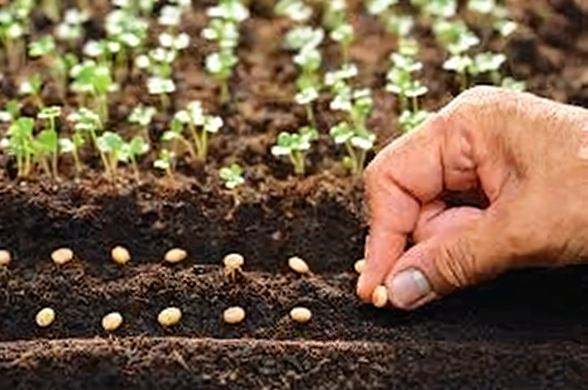 someone is planting seedlings in the soil with their fingers, gardening, seeds, sprouting, growing, opening shot, nitrogen-rich soil, seedlings, permaculture, media photo, illustration], farming, soil, hands which exchange seeds, picking up a can beans, ( ( illustration, in rows, illustration!, photo - shot, photography shot, high quality image”